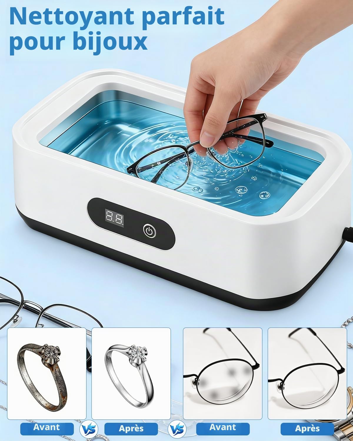 Nettoyeur Ultrasons, 49kHz Nettoyeur Bijoux à Ultrason, 650ML Appareil De Nettoyage De Lunettes avec 5 Réglages de Temps, Ultrasonic Cleaner pour Bijoux, Dentier, Montres, Lunettes, Tête de Rasoir