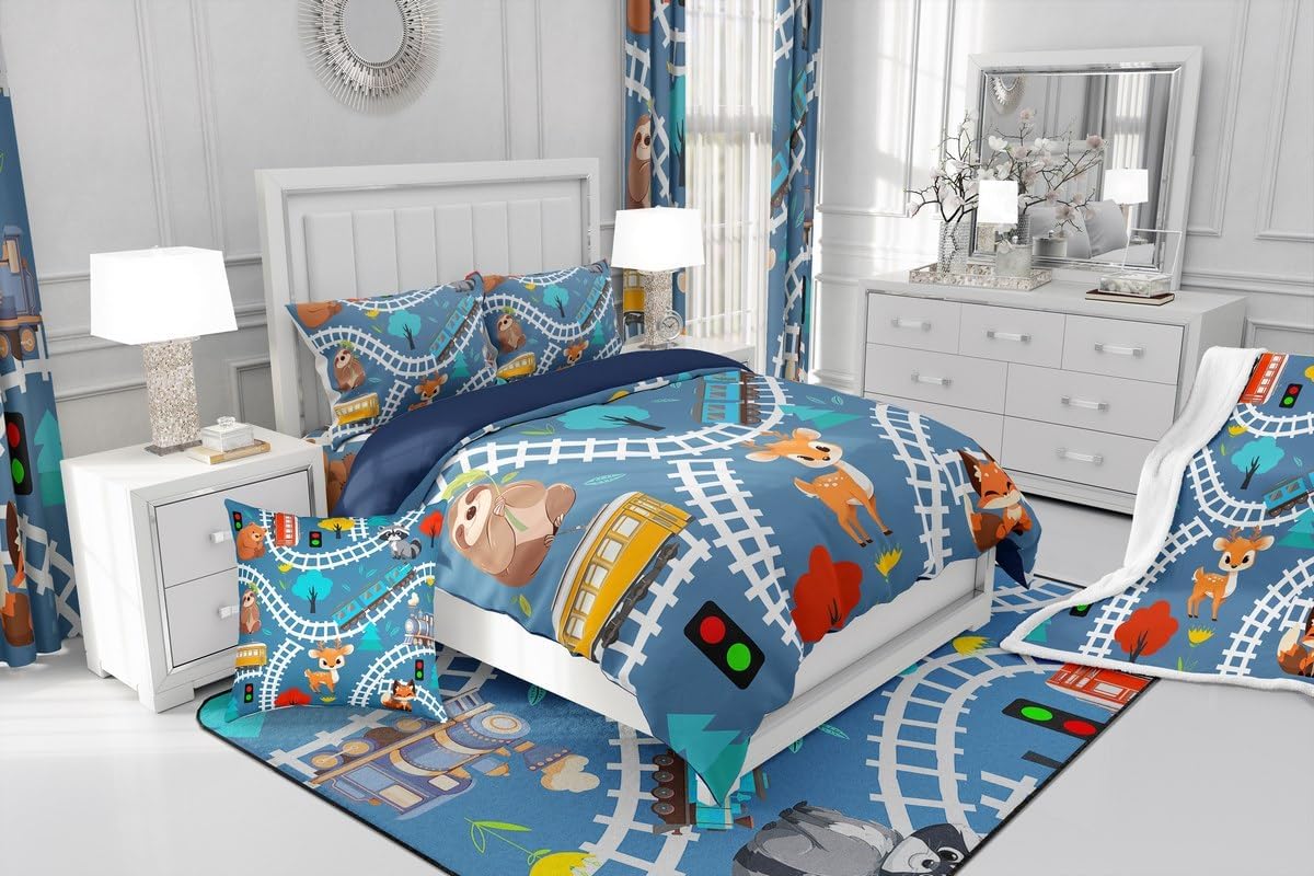 Erosebridal Cartoon Car Kids Duvet Cover Toddler Cute Animal Fox Raccoon Bedding Sets Cartoon Train Print Comforter Cover Lovely Sika Deer Sloth Bedspread Cover Equipment Truck Tractor Bedding