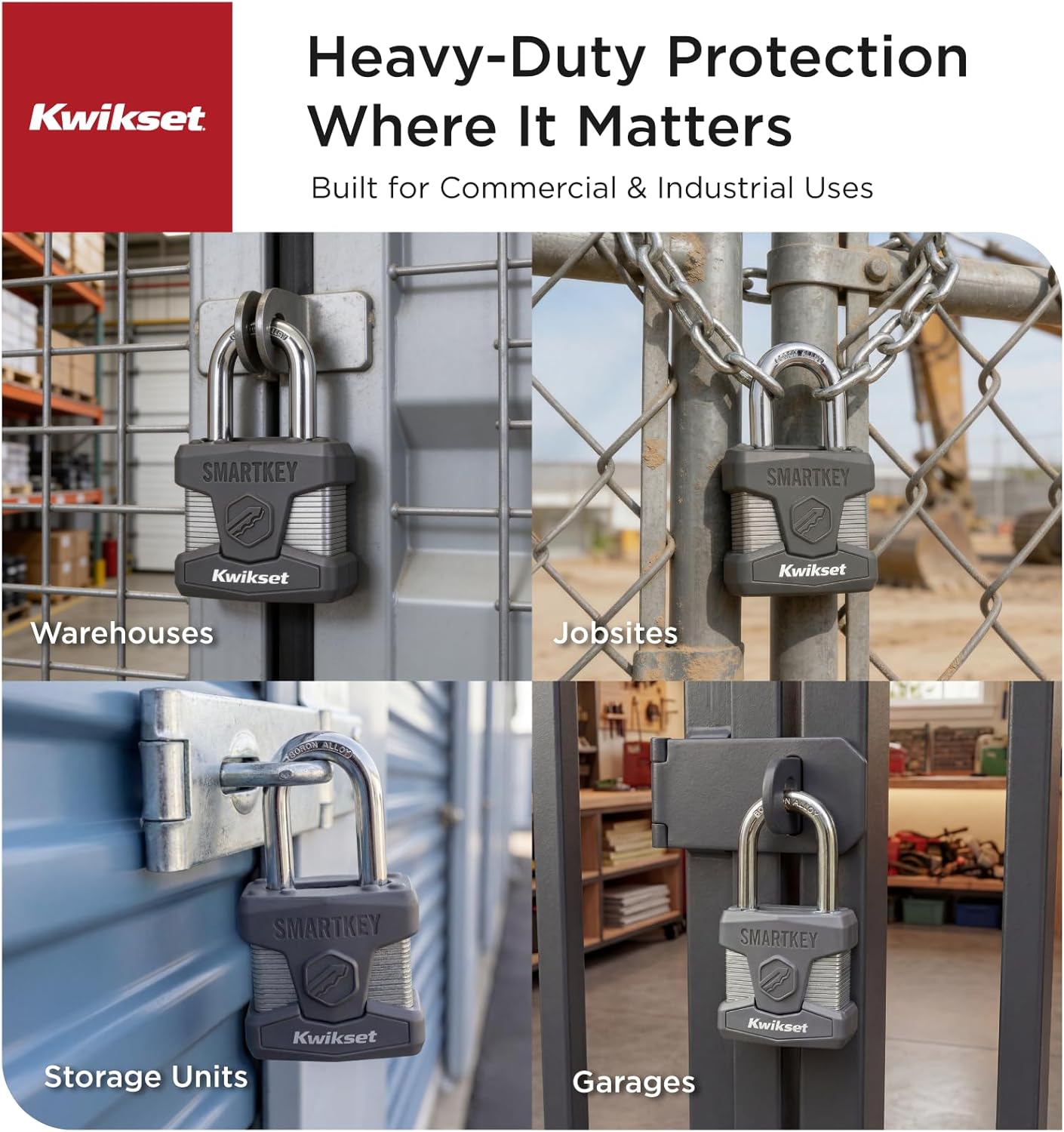 Kwikset SmartKey Re-Keyable Laminated Steel Padlock with Boron Carbide Shackle, Outdoor Gate and Storage Lock, 2 in Body, 1-1/2 in Shackle, 4 Pack Keyed Alike, Silver