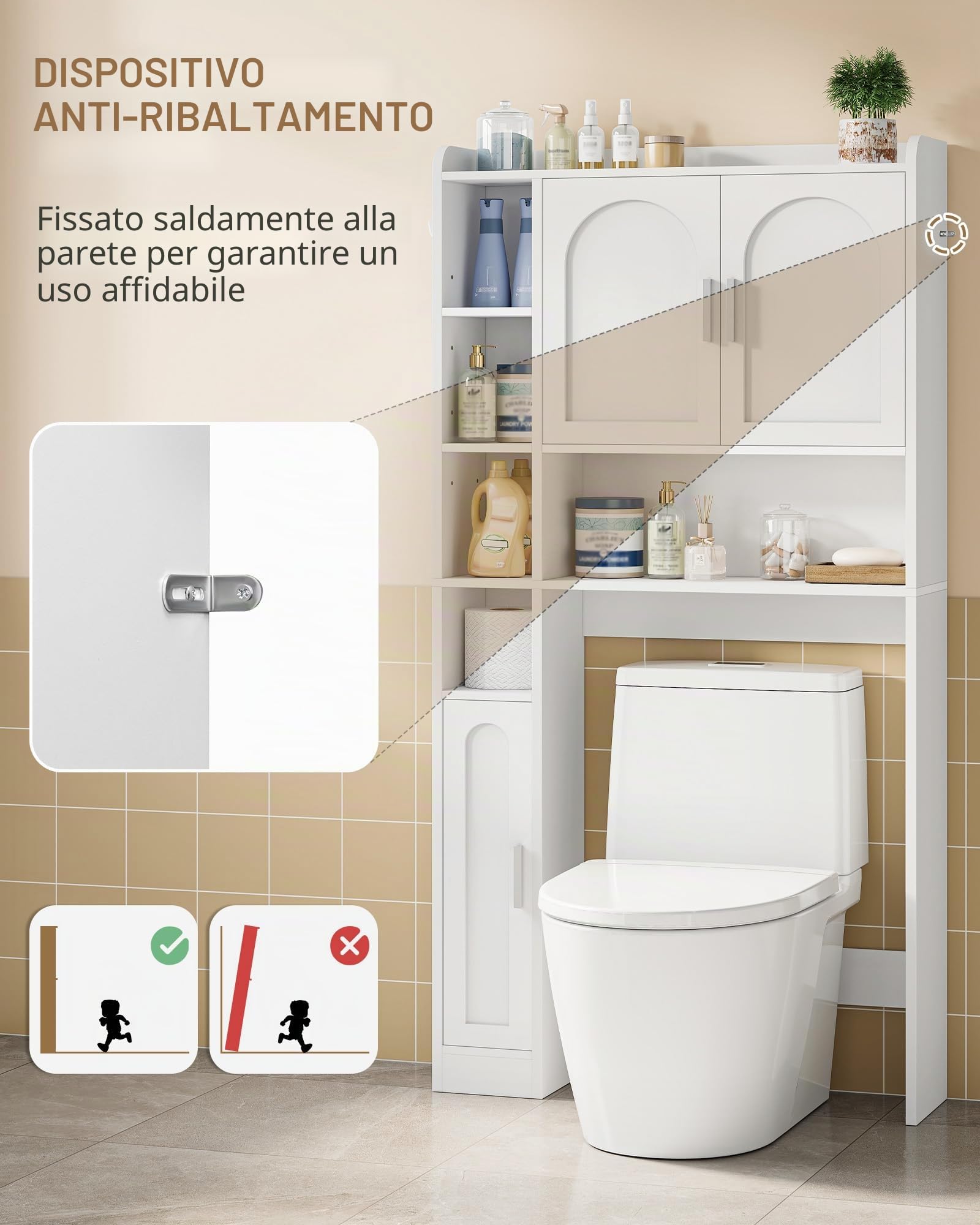 Hzuaneri Mobile Lavatrice, Ripiani Regolabili, 24 x 82 x 170 cm, ELR82003X | Mobile Sopra Lavatrice, 2 Armadietti, 5 Scomparti Aperti, Scaffale da Bagno con 3 Ante, Bianco, Stile Moderno Minimalista