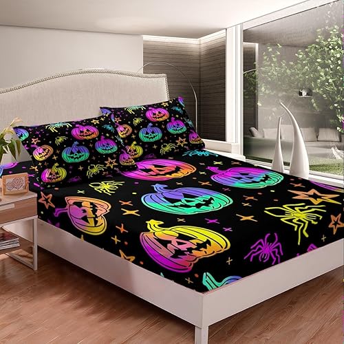 Miniatura 2 de Juego de sábanas iridiscentes con luces de calabaza arco iris, arañas de Halloween, con purpurina y estrellas, galaxia, sábana bajera completa,