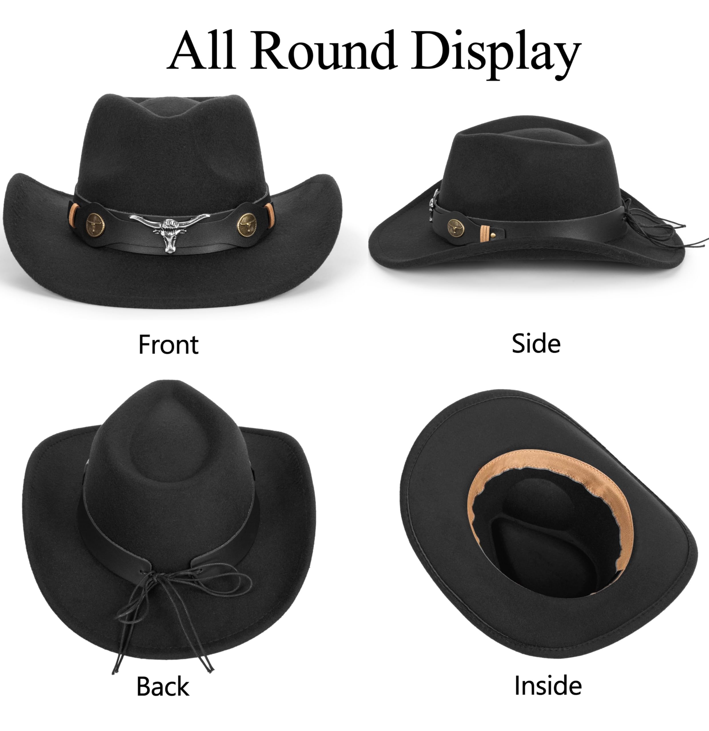 HinyBoeh Kids Wide-Brim-Western-Cowboy-Cowgirl-Hat Boys Girls Felt-Jazz-Hat for 2-6 Years A-Black
