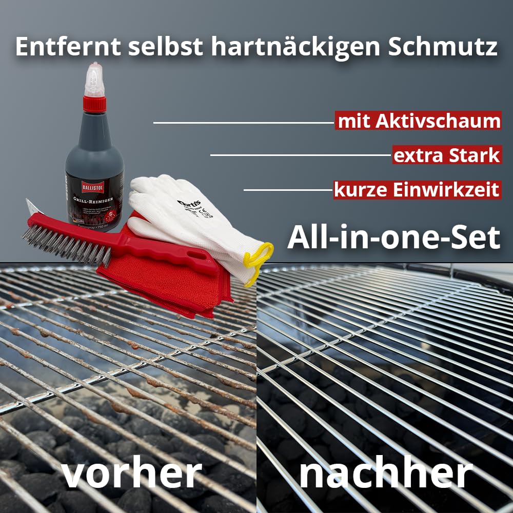 Grillreinigungsset 4-teilig mit Ballistol Grillreiniger, Grillbürste, weißen Handschuhen und Mikrofasertuch – Reinigungsset für Gasgrill und Holzkohlegrill