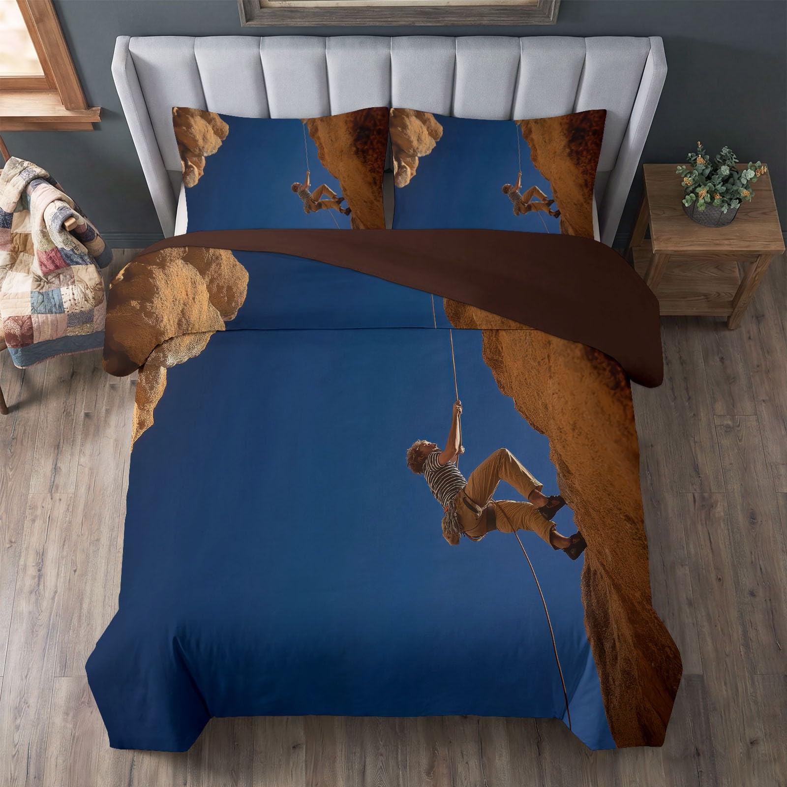 Generisch Bettwäsche Set 3-teilig 200 x 200 cm, Natur Kinderbettwäsche Mikrofaser mit Reißverschluss - Bettbezug Kletterer Klippe für Jungen Mädchen Dunkelbraun Bettwaren
