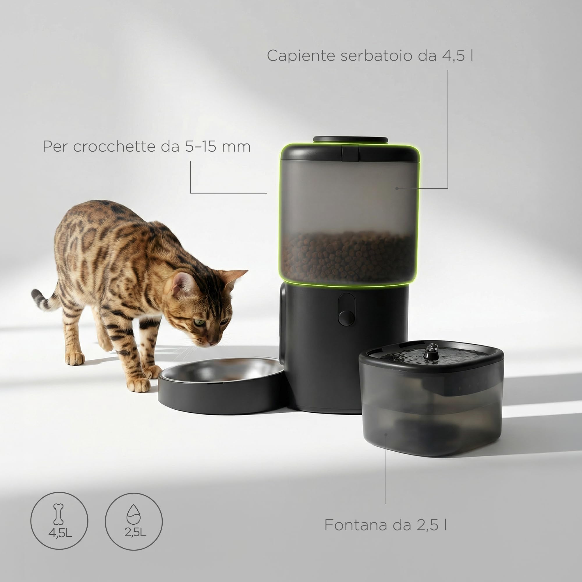 Feast Distributore Automatico di Cibo Wi-Fi con Videocamera | Per Cani e Gatti, Capacità 4,5 L, Porzioni Programmate, Ciotola, Fontana da 2,5 L, Controllo tramite App