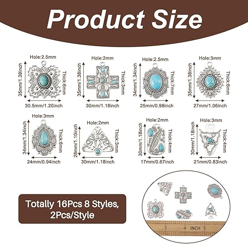 Miniatura 2 de 16Pcs 8 Styles Turquoise Stone Charms Tibetan Style Vintage Pendants Bohemian Healing Energy Gemstone Dangle Charms Large Western Jewelry for
