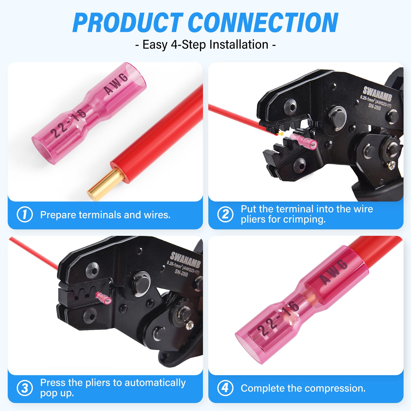 Tailonz Lot de 160 connecteurs thermorétractables Rouge 22-16 AWG | Bornes à sertir électriques isolées étanches pour câblage automobile et maritime