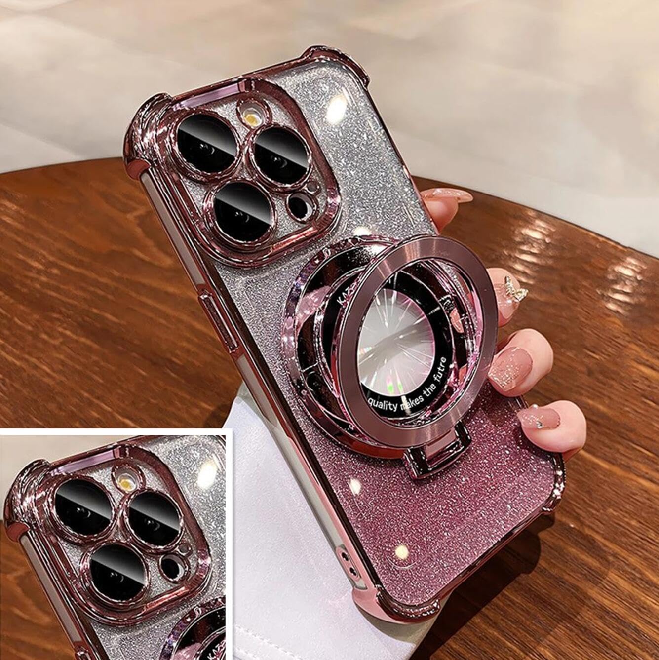 Coque MagSafe pour iPhone 15 Pro avec support béquille et protection caméra premium pailletée