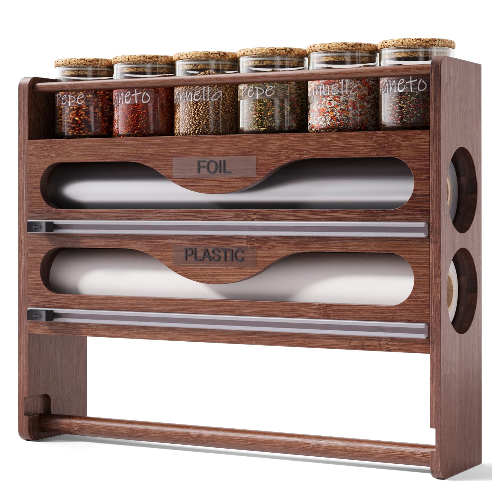 Wrap Dispenser with Cutter and Labels,4-in-1 Wall Mounted Bamboo Plastic Wrap Organizer with Spice shelf and Paper Towel Holder for Aluminum Foil,Cling Wrap,Wax,Parchment,Zipper Bags（Brown）