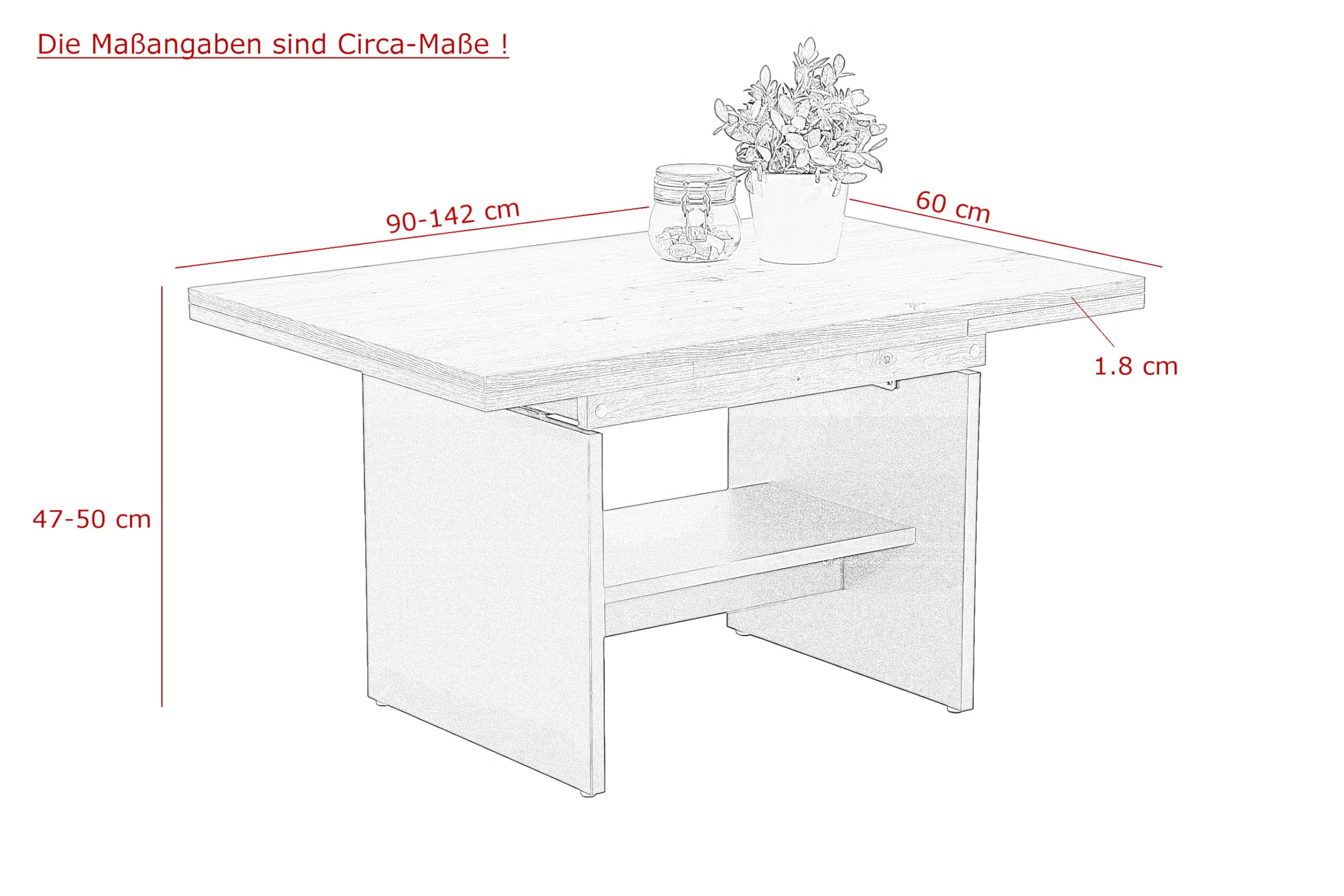Hela Tische, Couchtisch Wohnzimmertisch Marcel, Holzwerkstoff melaminbeschichtet, Artisan Eiche, ausziehbar 90-142cm, höhenverstellbar mit Kurbel 47-57cm