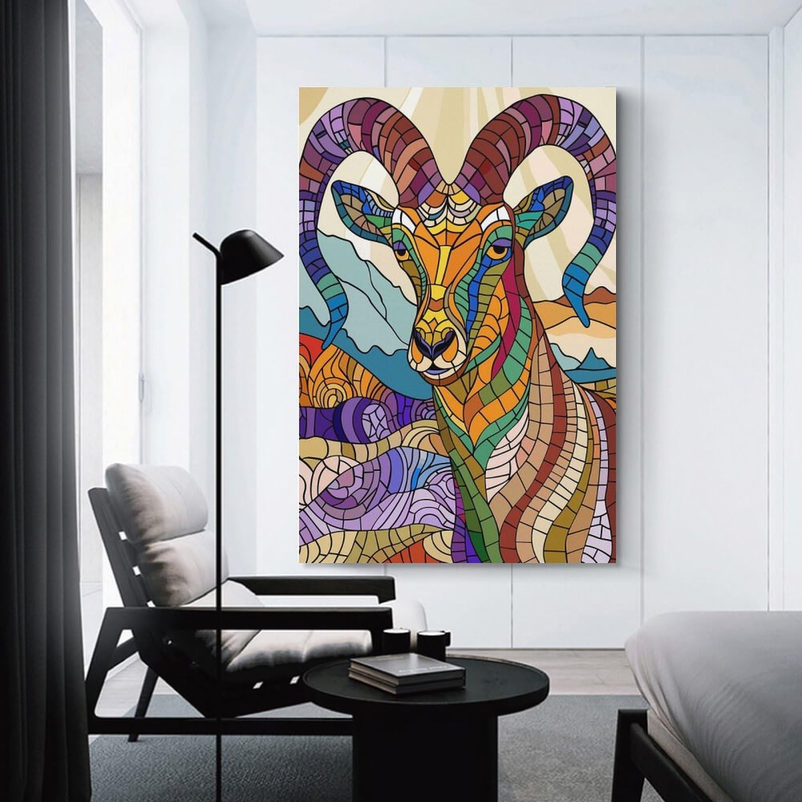 Junmoney Stained Glass Ram in Mountains Canvas Wall Decor, 20x30inch(50x75cm), for Gallery Wall Decor And Room Displays, Wall Decor Suited to Curated Displays