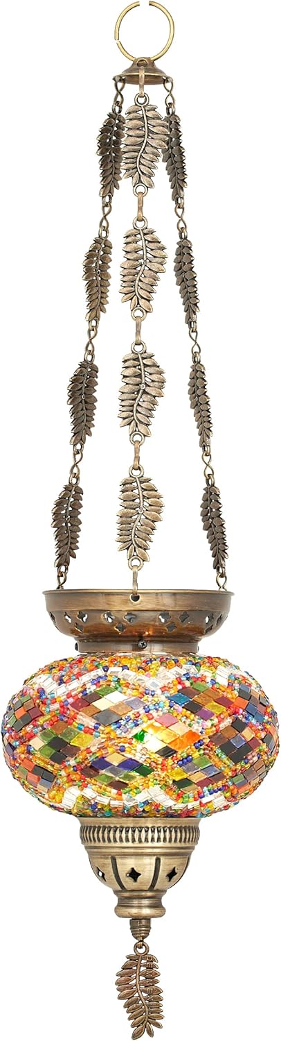 DEMMEX Turkish Moroccan Tiffany Mosaic Glass Hanging Candle Holder Decorative Lantern with Colorful Mosaic Glass Globe and Metal Leaf Chains, Handmade in Turkey, 24" H, Multicolor