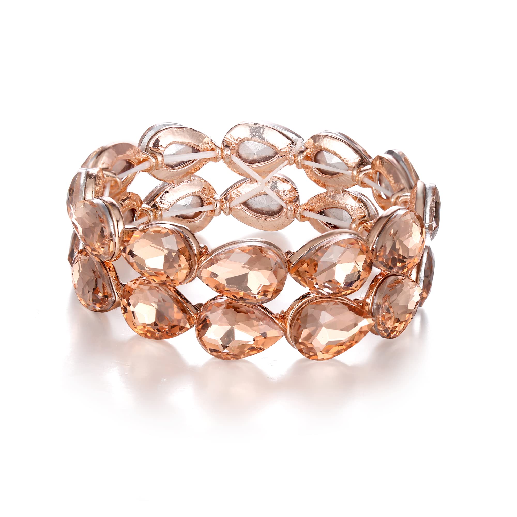 BriLove Wedding Bridal Elegant Crystal Double Row Teardrop Cluster Stretch Bangle Bracelet for Bride