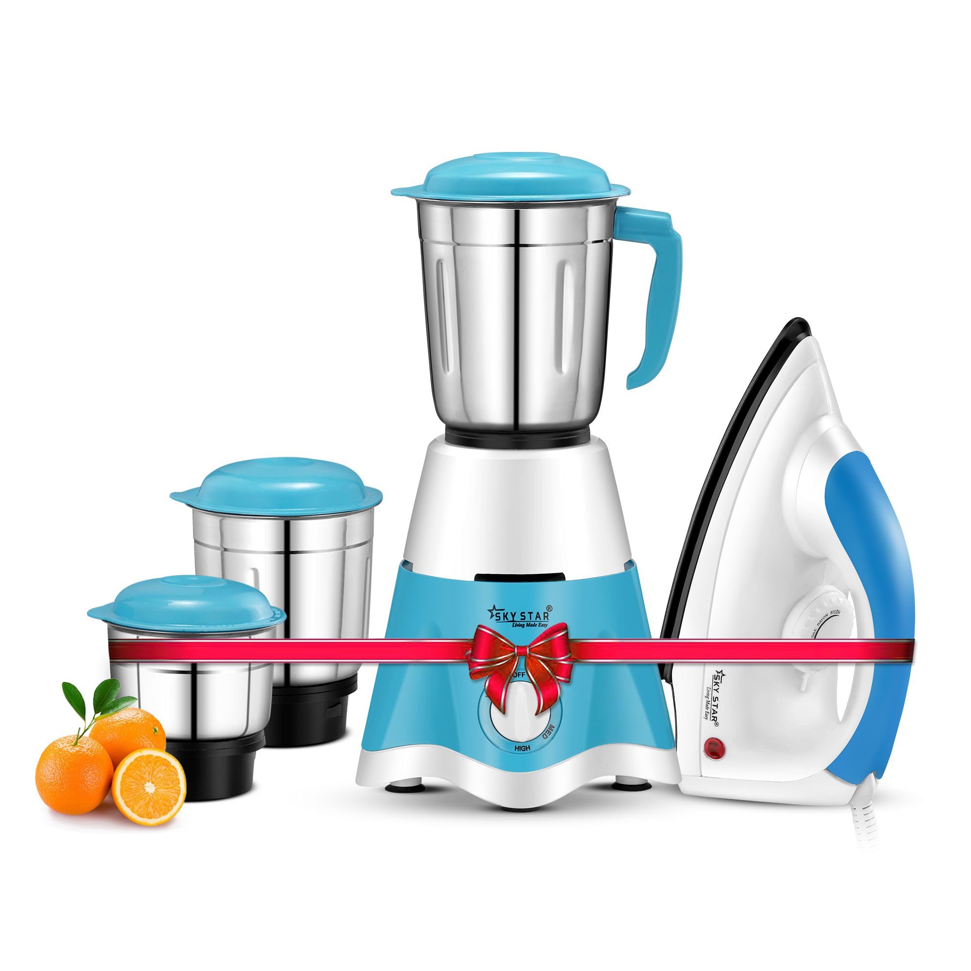 Skystar Supreme Elegant 750 Watts Juicer Mixer Grinder With 3 Stainless Steel Jars & 1000 Watt Light Weight Electric Non Stick Soleplate Iron Super Combo (3 Jars, White Blue) 18 Month Motor Warranty (B0D4HPYZ15) Amazon Price History, Amazon Price Tracker