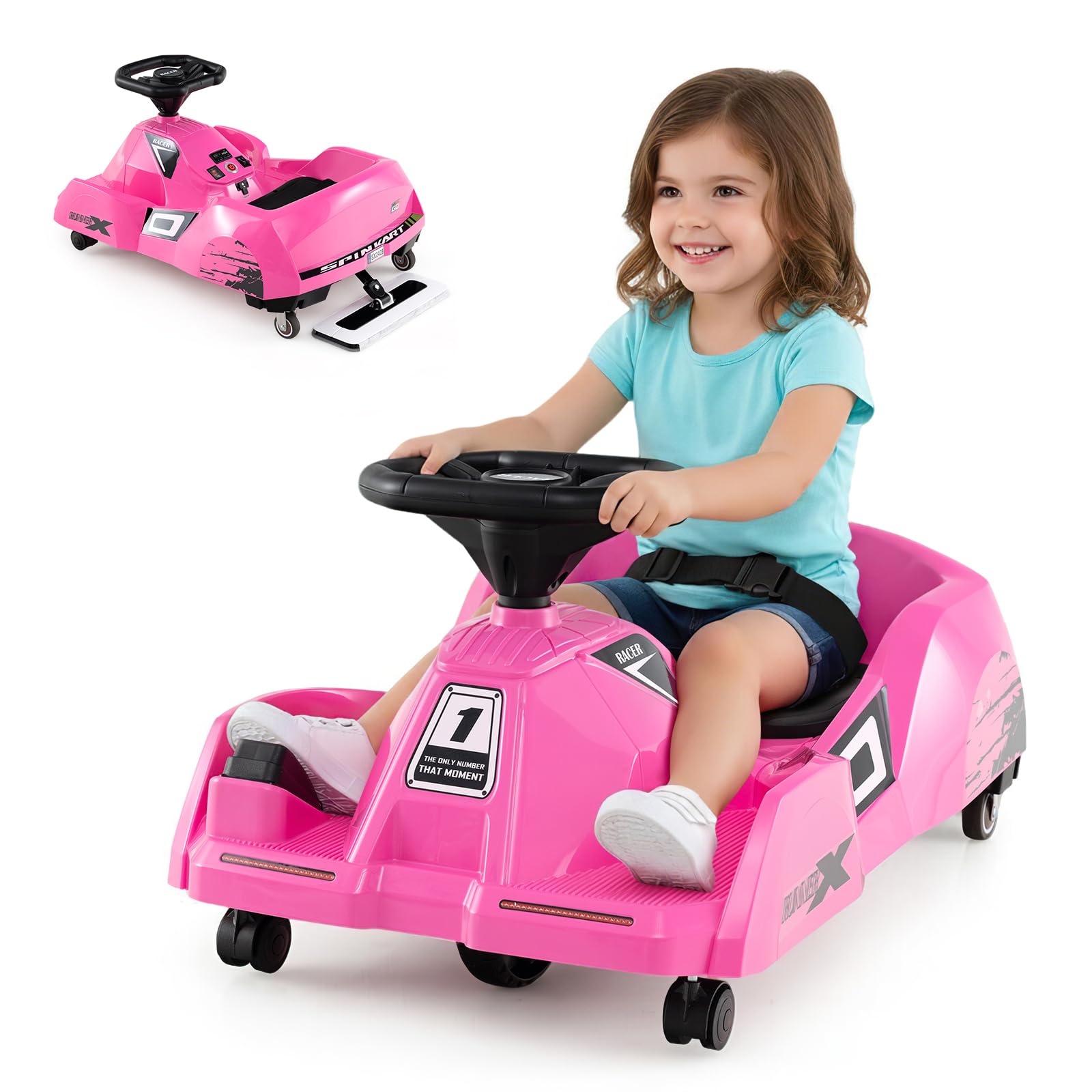 GOPLUS Go Kart Coche Eléctrico 12V Infantil, Kart Eléctrico con Pedal, Fregona Desmontable, Control Remoto, Conexión Inalámbrica, Música, 3 Velocidades, Coche de Juguete para Niños de 2-5 Años (Rosa)