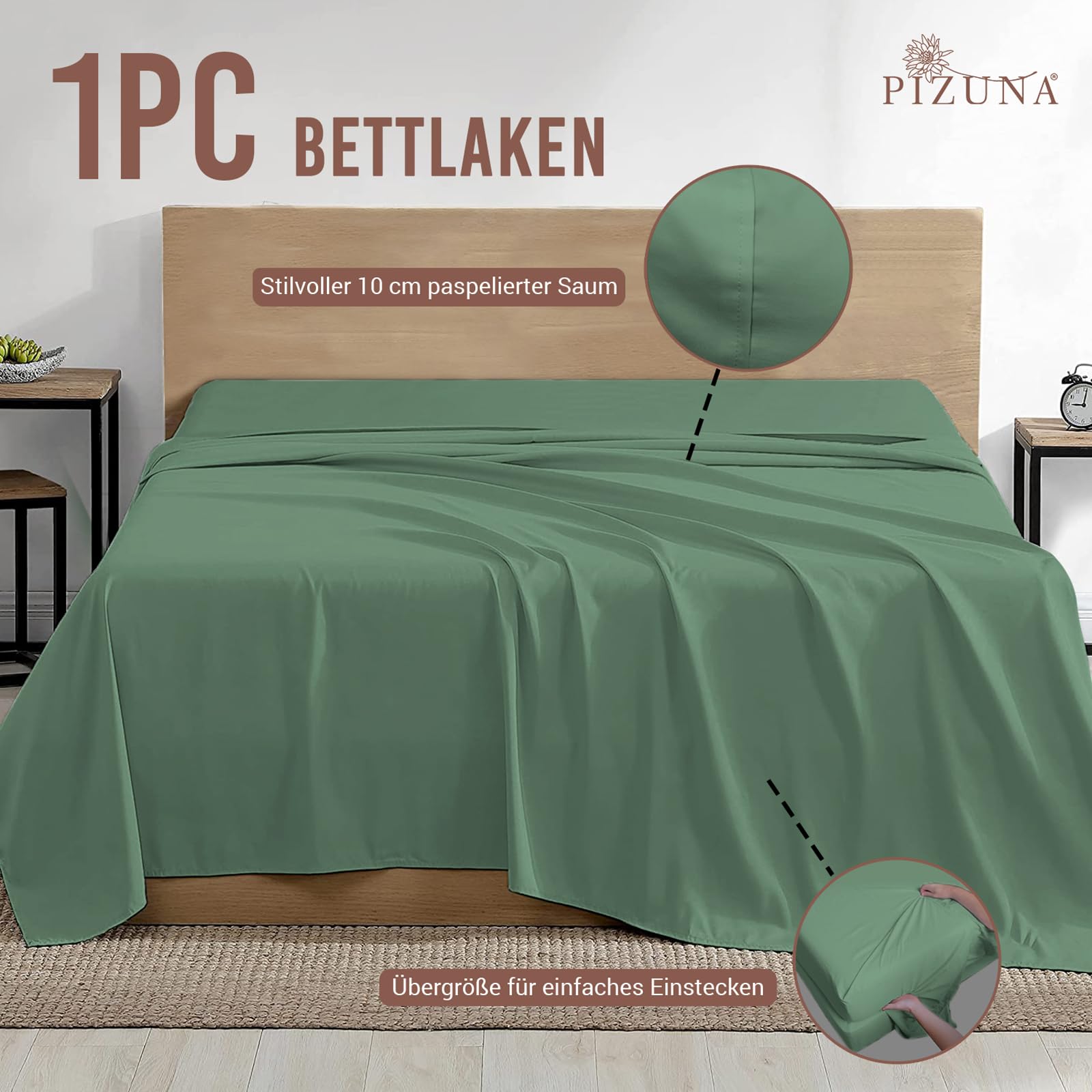 Pizuna Bettlaken ohne Gummizug Baumwolle 230x280 cm Heckengrün, 400 Fadenzahl 100% Langstapel Baumwolle Bettlaken, Satinbindung Flachlaken Mit stilvollem 5 cm Saum Mako Satin