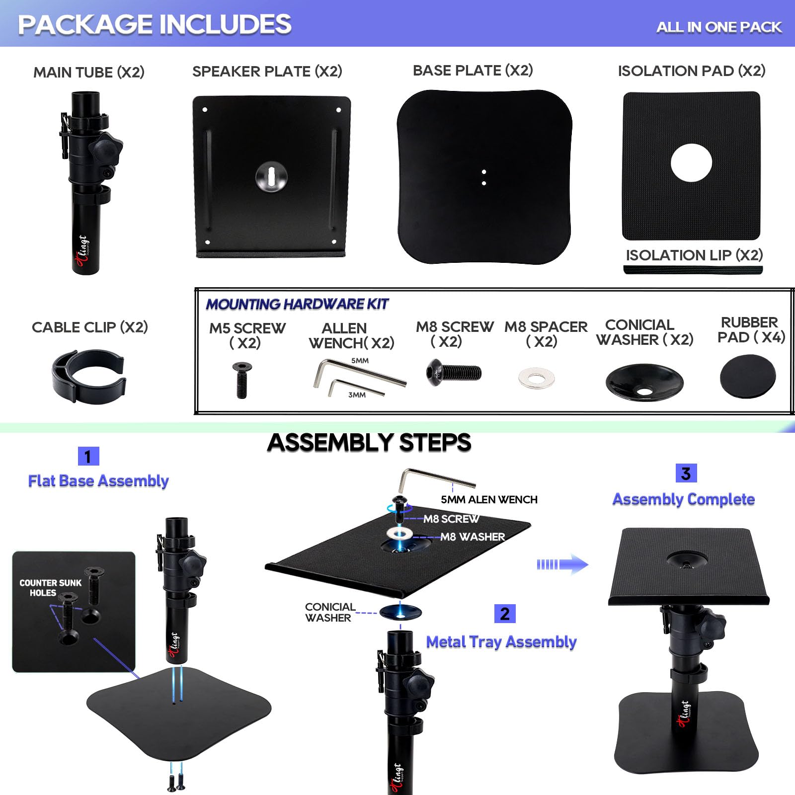Coppia di Supporti per Altoparlanti da Scrivania, Supporto per Monitor da Altoparlante, Vassoio in Metallo da 17 x 20 cm, Angolo di Inclinazione da -10° a +10°, Base Piatta Compatibile con Qualsiasi