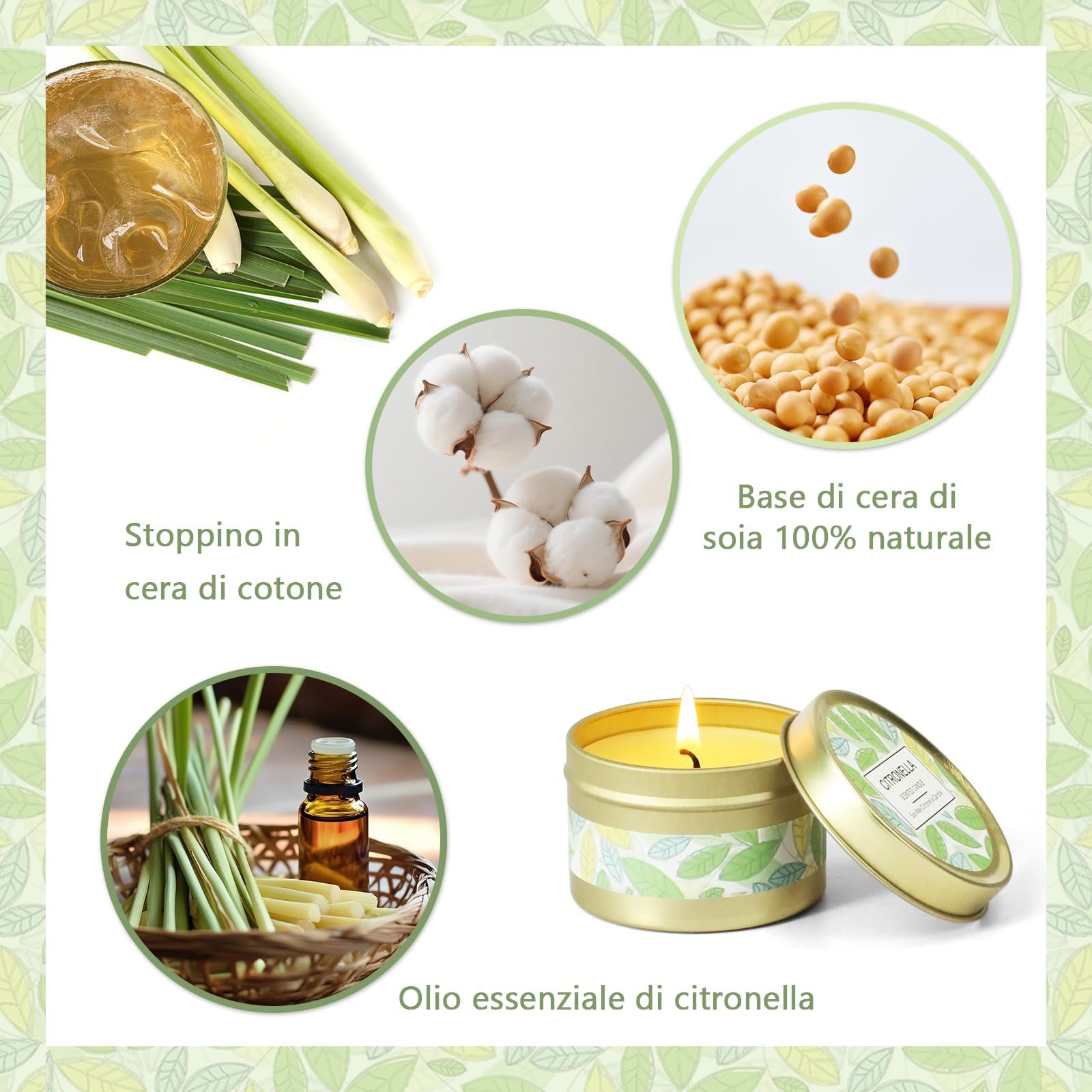 SCENTORINI Candele alla Citronella, 6 Candele in Cera di Soia Naturale Estiva per Interni Esterni Giardino Viaggio Campeggio Picnic