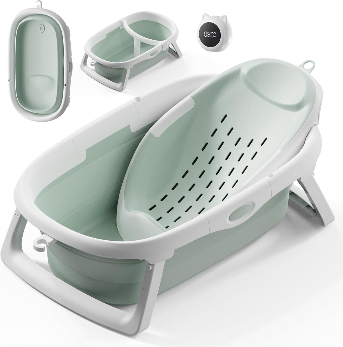 4-in-1 Collapsible Baby Bathtub for Newborn & Toddler 0-24M | (Green) Infant Baby Tub with Adjustable Bath Sling, T-Shaped Support & Water Thermometer, Baby Bath Tub for Baby Shower