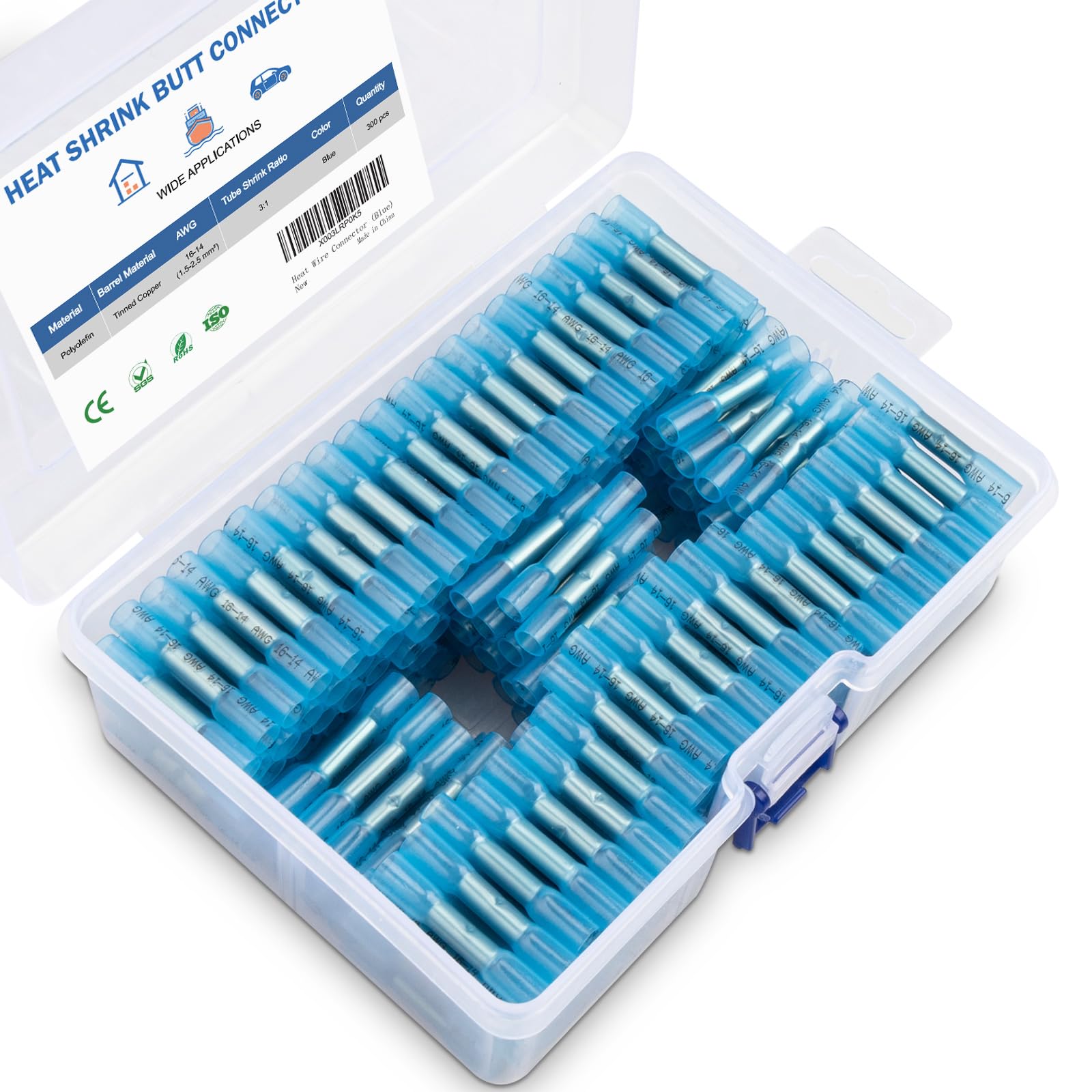 Onsski 300 PCS Heat Shrink Butt Connectors Kit - Waterproof Wire Connectors Insulated Electrical Terminals Connectors (Blue A.W.G 16-14)