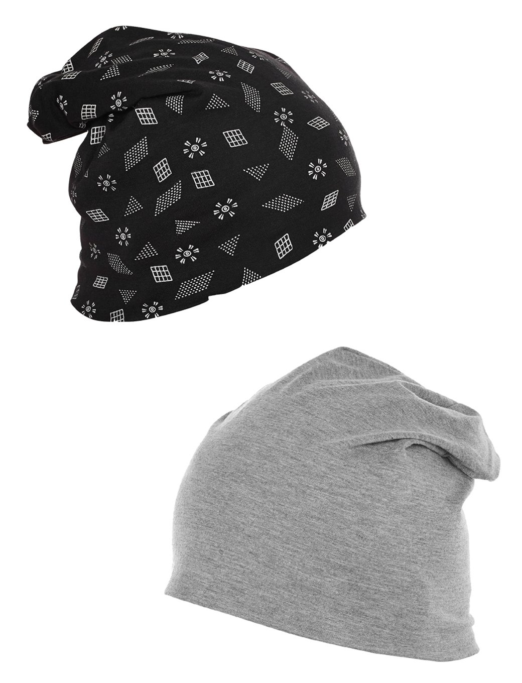 VIMAL JONNEY Cotton Printed Black And Melange Grey Beanie Cap For Women(Pack Of 2)-Cap_Prt_No.2_Bl_Cap_Mlng_02