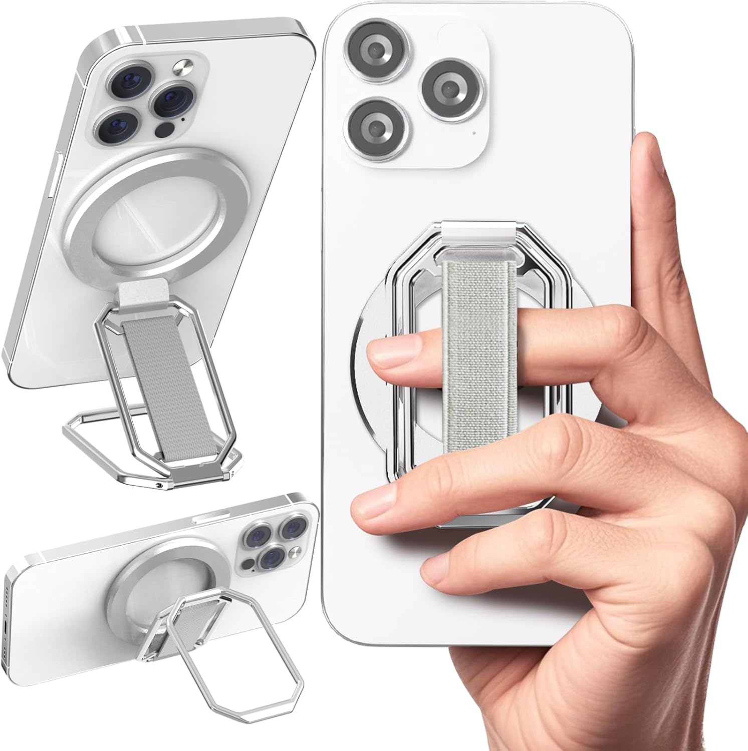 4-in-1 Magnetic Phone Grip Stand for MagSafe with Comfortable Finger Strap Loop,Removable Phone Ring Holder for iPhone 16 Pro Max 15 14 13 12, Kickstand for Hands-Free View at Home Work Travel, Silver 4-in-1 Magnetic Phone Grip Stand for MagSafe with Comfortable Finger Strap Loop,Removable Phone Ring Holder for iPhone 16 Pro Max 15 14 13 12, Kickstand for Hands-Free View at Home Work Travel, Silver