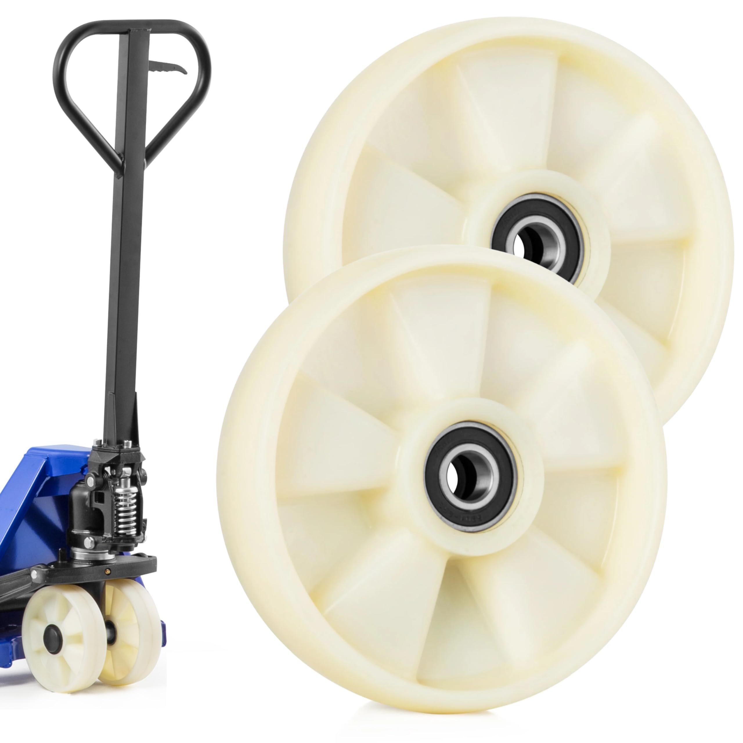 Pallit 2er SET Hubwagen Rolle Nylon 200x50 mm – Lenkrollen mit Kugellager, Achse 20 mm, Ersatzrollen Laufrollen für Hubwagen, Ameise, Gabelhubwagen | Ø 200 mm, Breite 50 mm