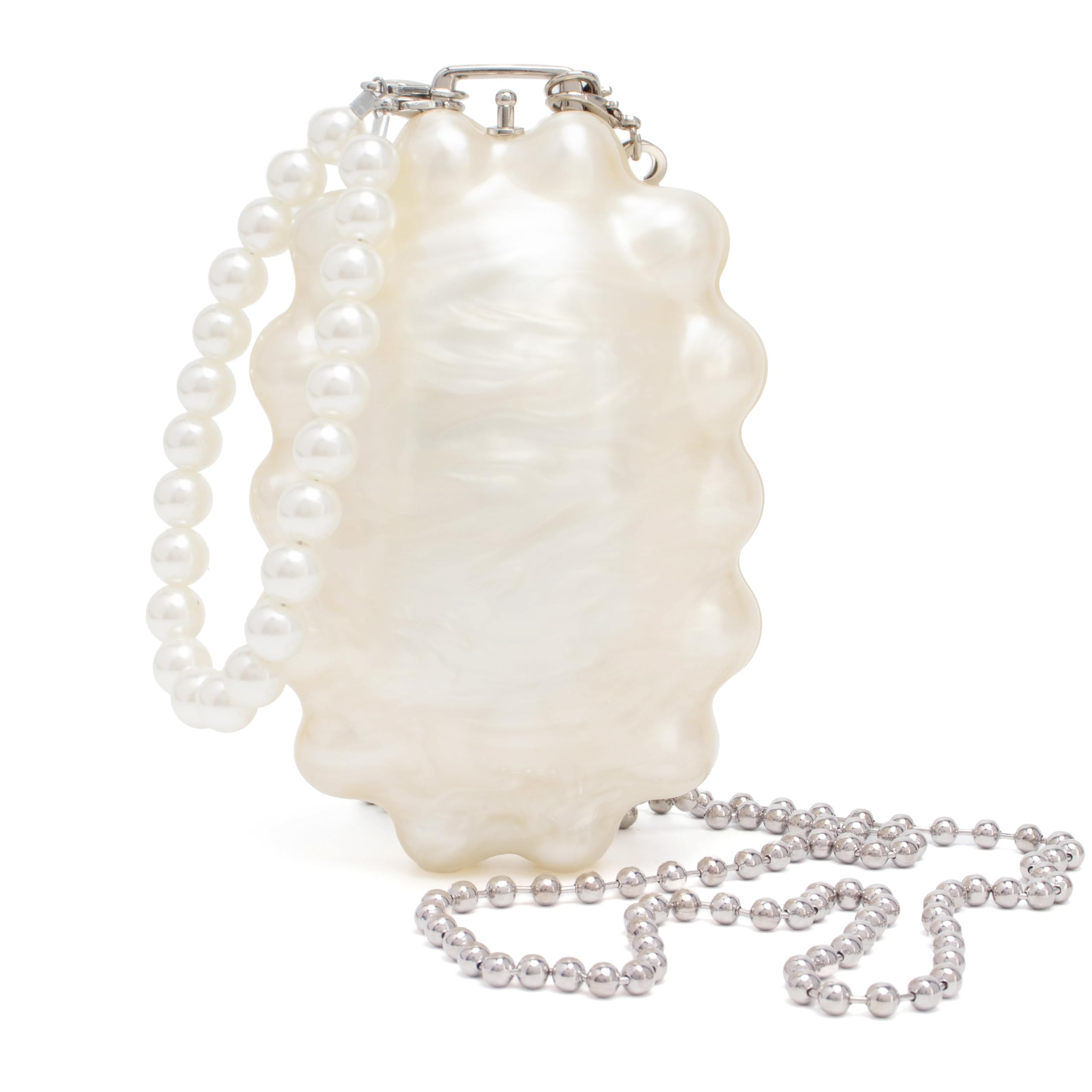 Pochette Da Sera In Acrilico A Margherita Bianco Crema Con Manico In Perle E Tracolla