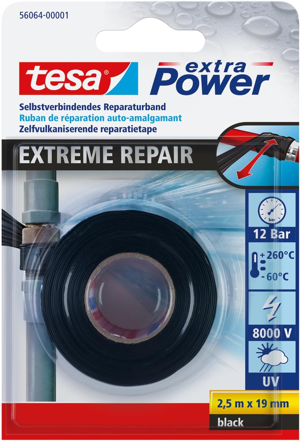 tesa Extra Power Extreme Repair Tape - Self-Fusing Repair Tape Made of Silicone for Insulation and Sealing - 2.5 m - Black