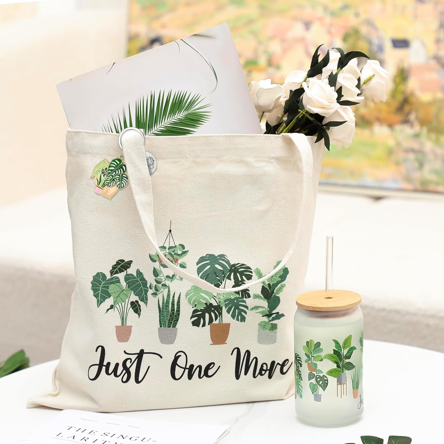 Nefelibata Plant Lover Gifts for Women, Plant Lady Tote Bag 16oz Just One More Iced Coffee Cup with Straw Lid Keychain Set , Christmas Birthday Gardening Gifts for Lady Mom - Image 5