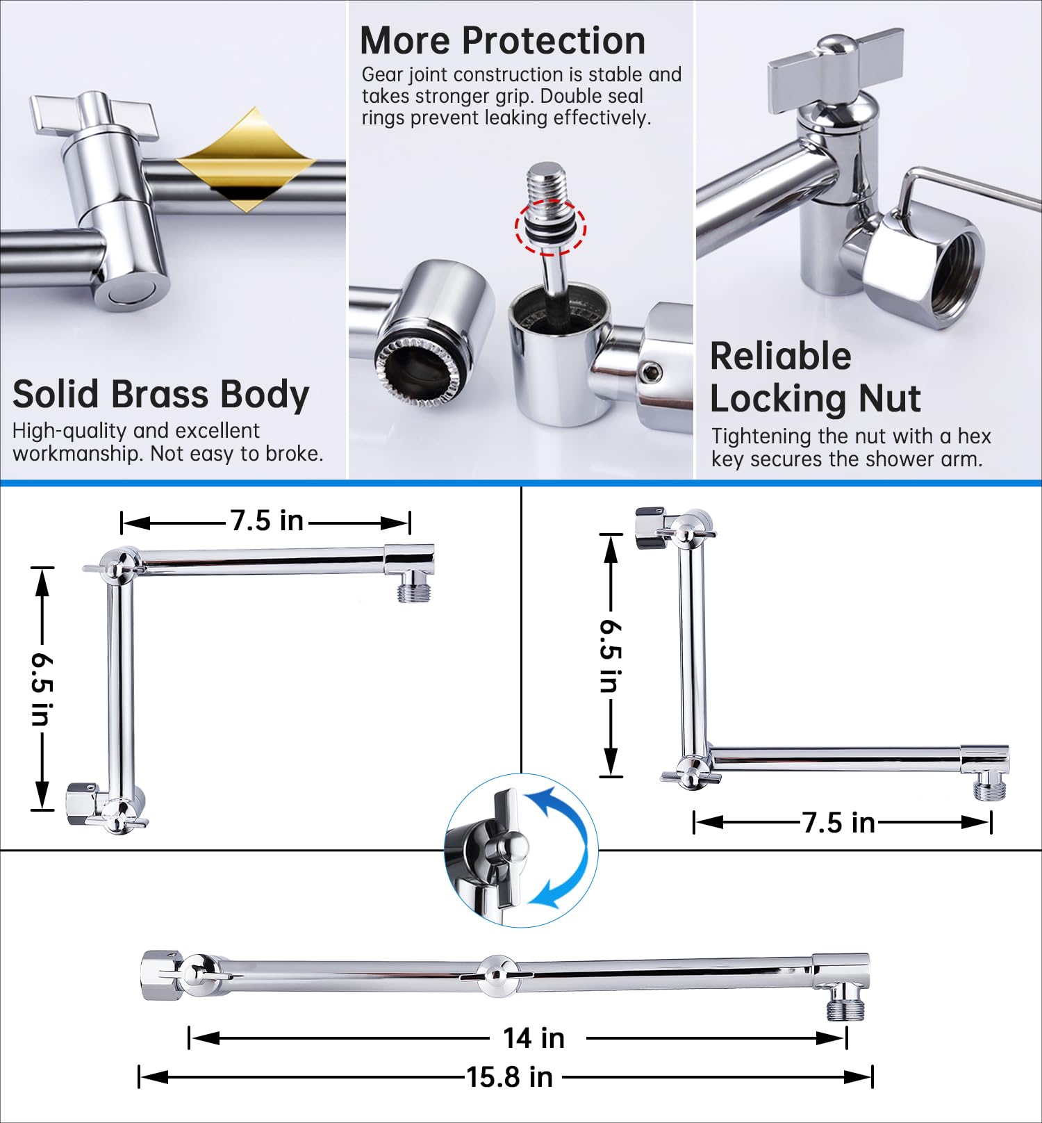 G-Promise Cabezal de ducha de lluvia de metal de 16 pulgadas con combo de pulverización de mano, desviador de 3 ajustes, brazo de extensión ajustable con juntas de bloqueo, manguera de acero