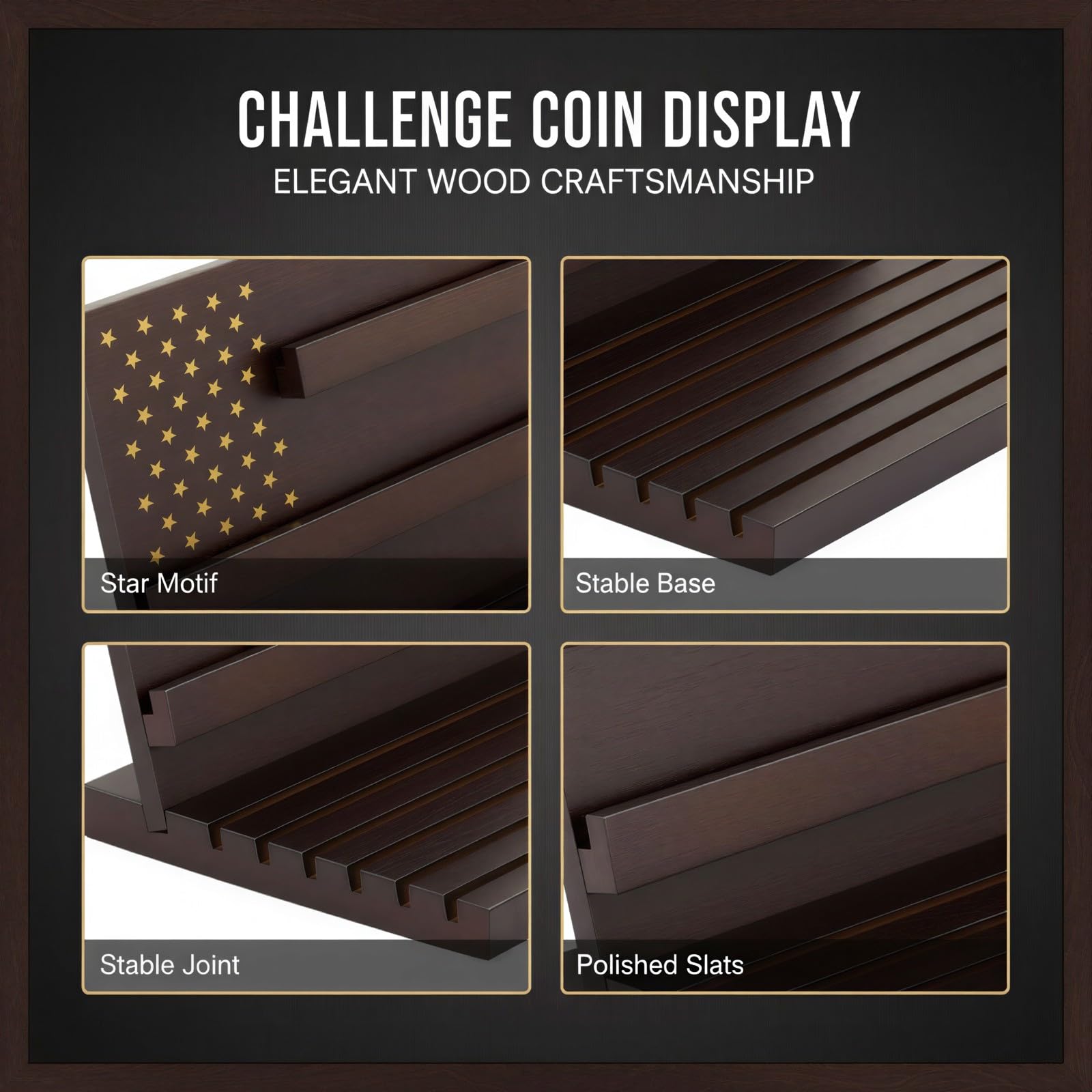 Challenge-Coin-Display-Ständer aus schwarzem Holz, mehrstufiges Massivholzregal, 12 x 8,5 x 8,5 Zoll, geneigtes Design für Veteranen-Münzen, Sammler-Organizer, Auszeichnungsaufbewahrung