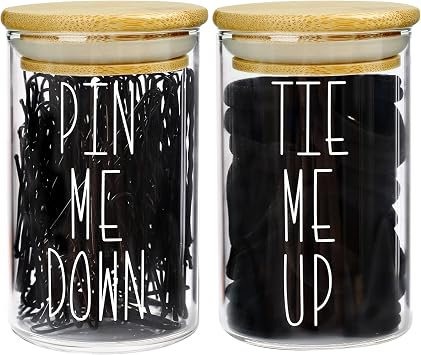MOMEEMO Apothecary Jars with Lids for Bathroom Storage Organizer, Hair Tie Organizer & Bobby Pin Holder are Great for Bamboo Bathroom Accessories. Hair Ties & Pins