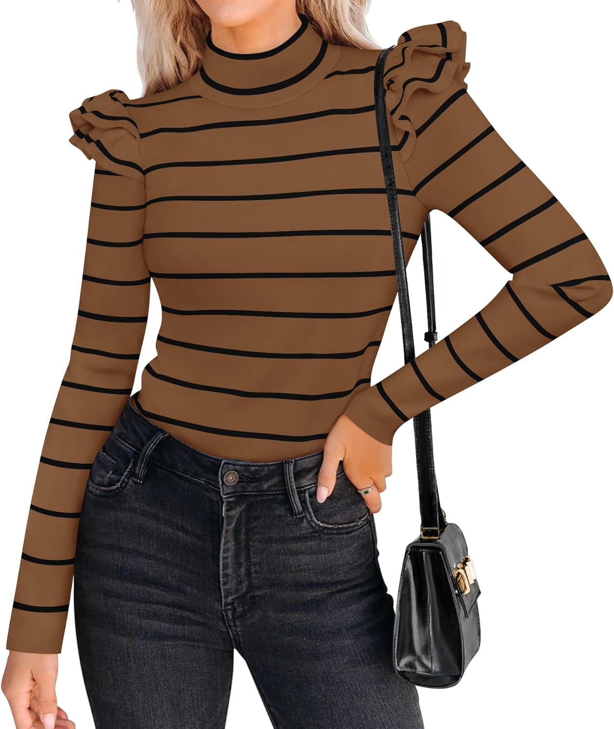 ( size: M) ZESICA Womens Striped Ruffle Long Sleeve Sweaters 2024 Fall Turtleneck Ribbed Knit Slim Fit Basic Casual Pullover Tops Brown Medium