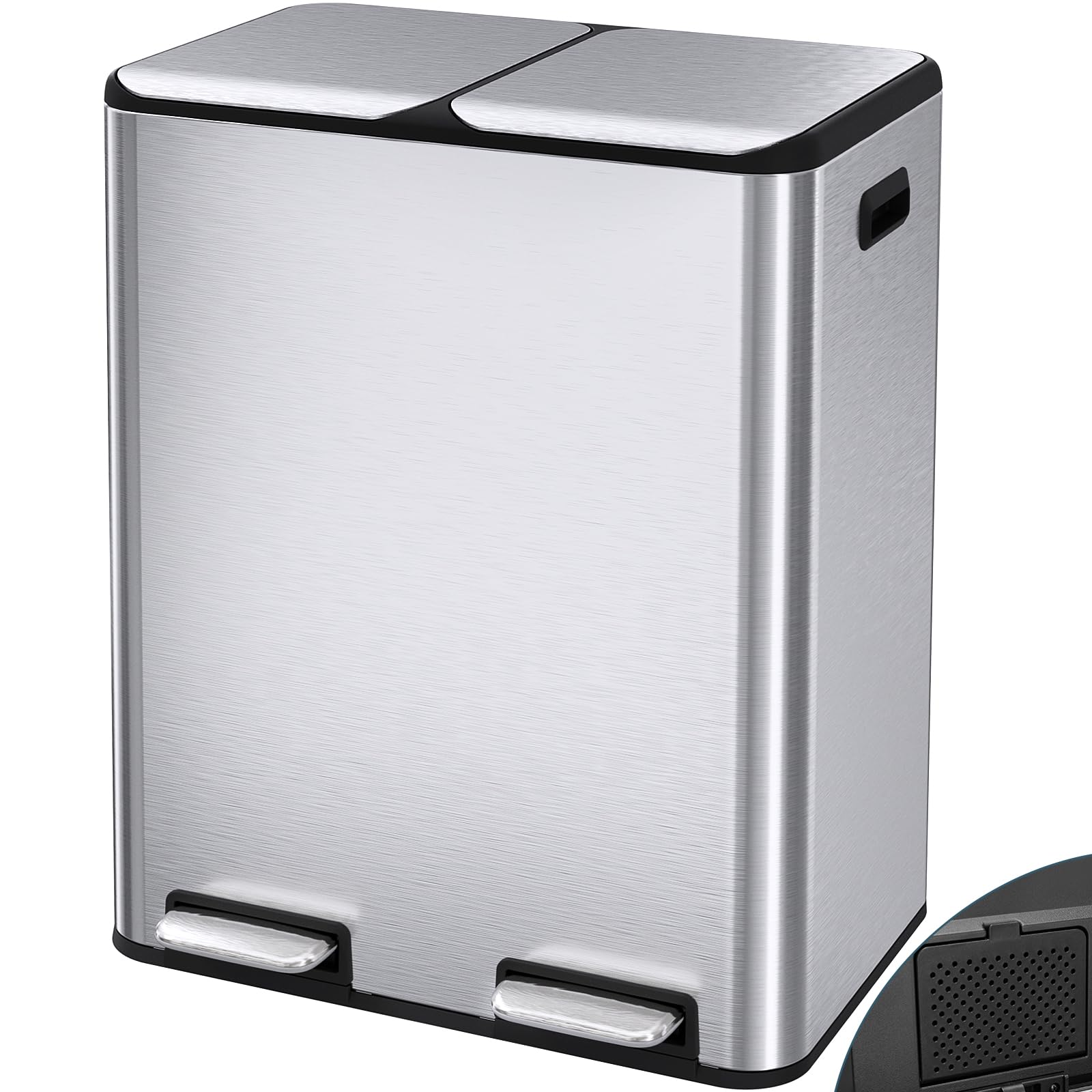 LIFERUN Poubelle à 2 compartiments, 2 x 30 l, à pédale, avec filtre anti-odeur, couvercle silencieux, seau intérieur en plastique, système de tri des déchets, double poubelle en métal, pour cuisine