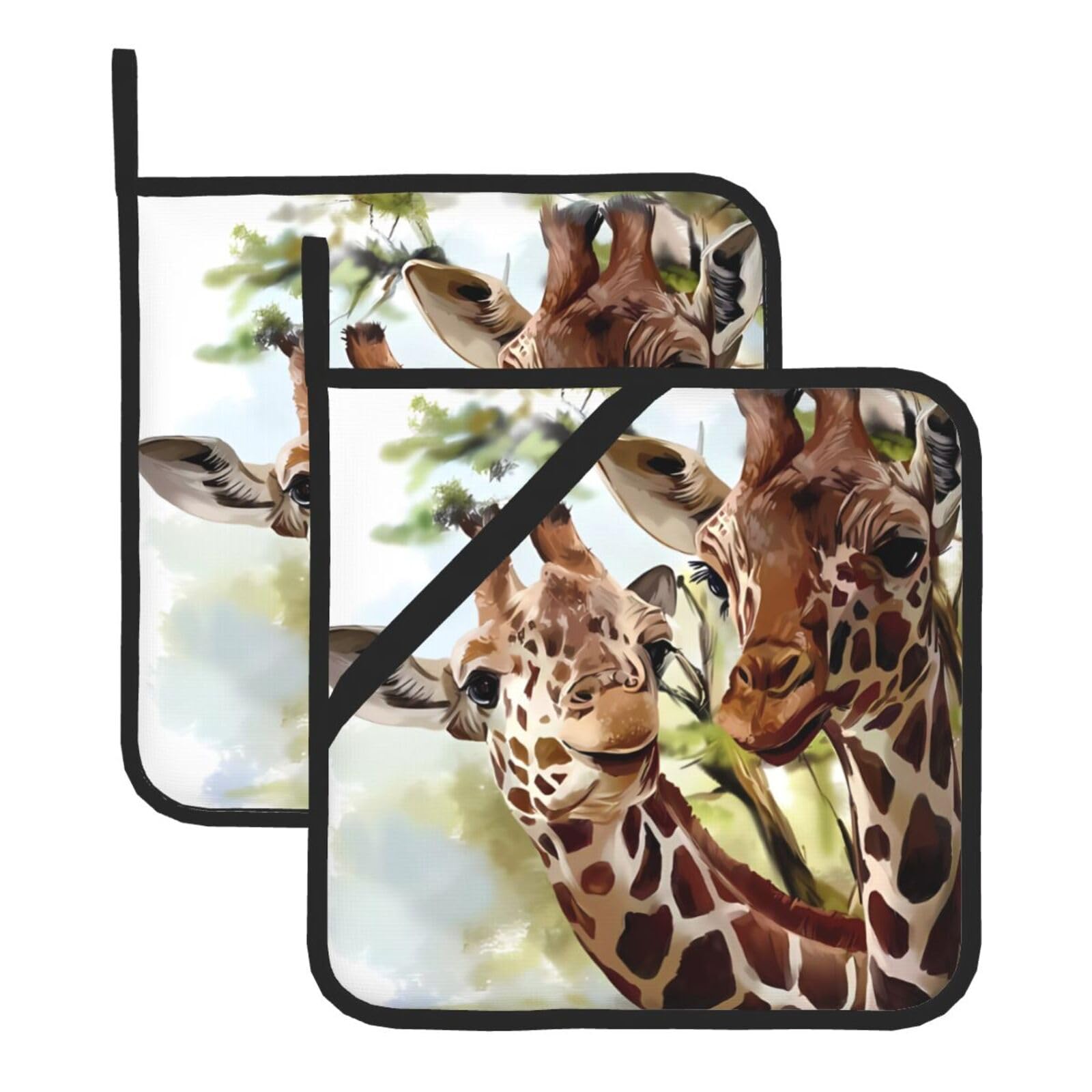 WHJSSF Watercolor Deer Giraffe Prints Square Pot Holders - Heat Resistant Kitchen Trivets 2-Pack - Waterproof Covers for Hot Dishes, Oven & Grill with Hanging Loop