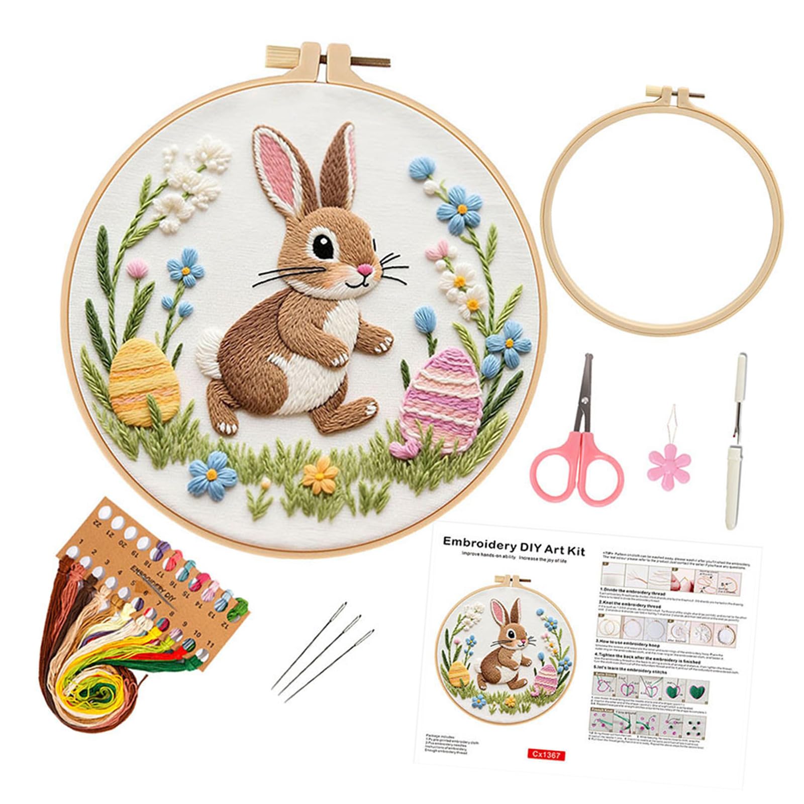 Kaeltsyn Rabbits Embroidery Complete with Cotton Fabric for Creative Fun Relaxing Easter Rabbits Embroidery Set Includes All Supplies for Stress Relief