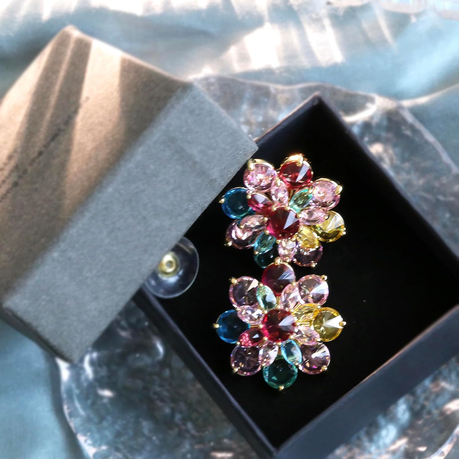 Crystal Flower Stud Earrings Sparkly Colorful CZ Cubic Zirconia Daisy Floral Flower Sterling Silver Stud Earrings Wedding Party Prom Jewelry for Women Bridesmaids - Image 7