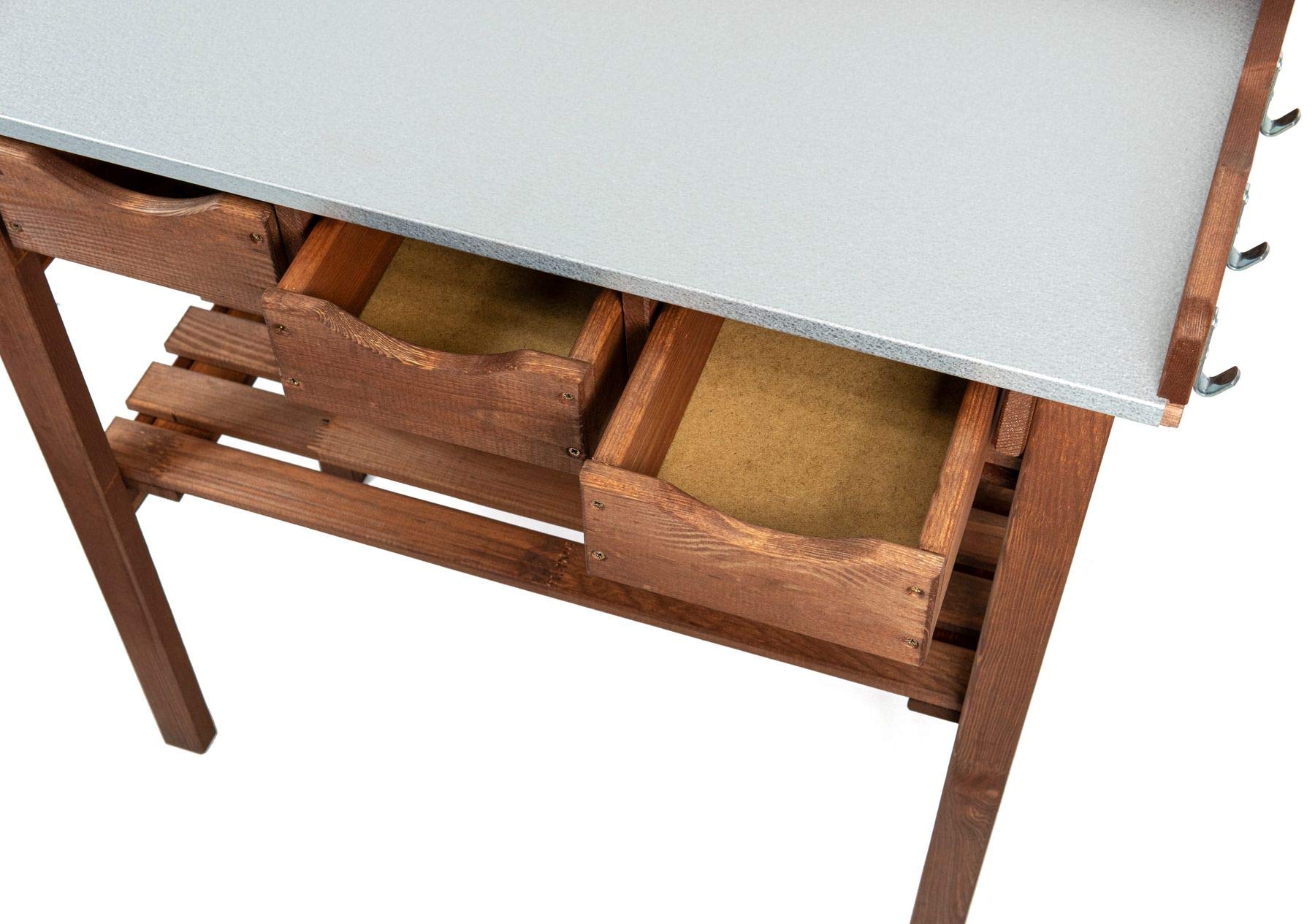 mgc24 Pflanztisch Dunkelbraun, 78x38x82 cm, Kiefernholz, mit 3 Schubladen | Verzinkte Arbeitsplatte, Mit Abstellboden & 3 Haken, Für Garten/Balkon/Terrasse, einfache Montage & rückenschonendes Arbeiten
