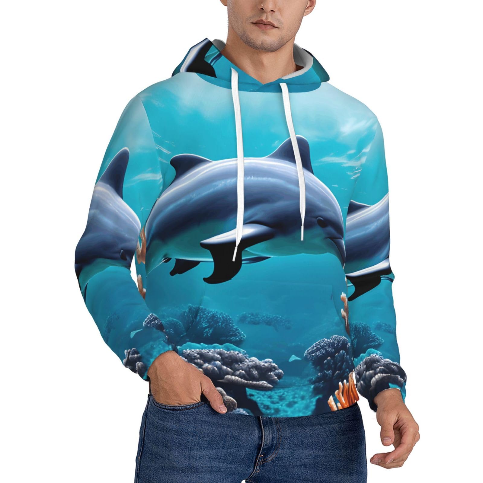 Sweat à capuche imprimé dauphins en polyester doux avec grande poche kangourou - 8