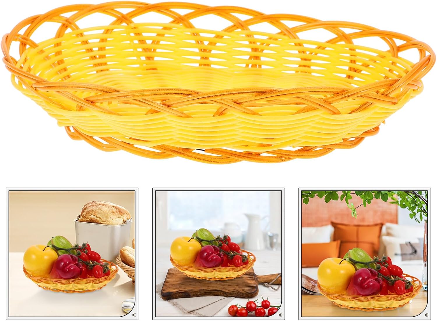 Imitation Rattan Woven Bread Basket 22cm Oval Plastic Fast Food Serving Tray for French Fries and Snacks Kitchen Fruit Storage Sundries Holder