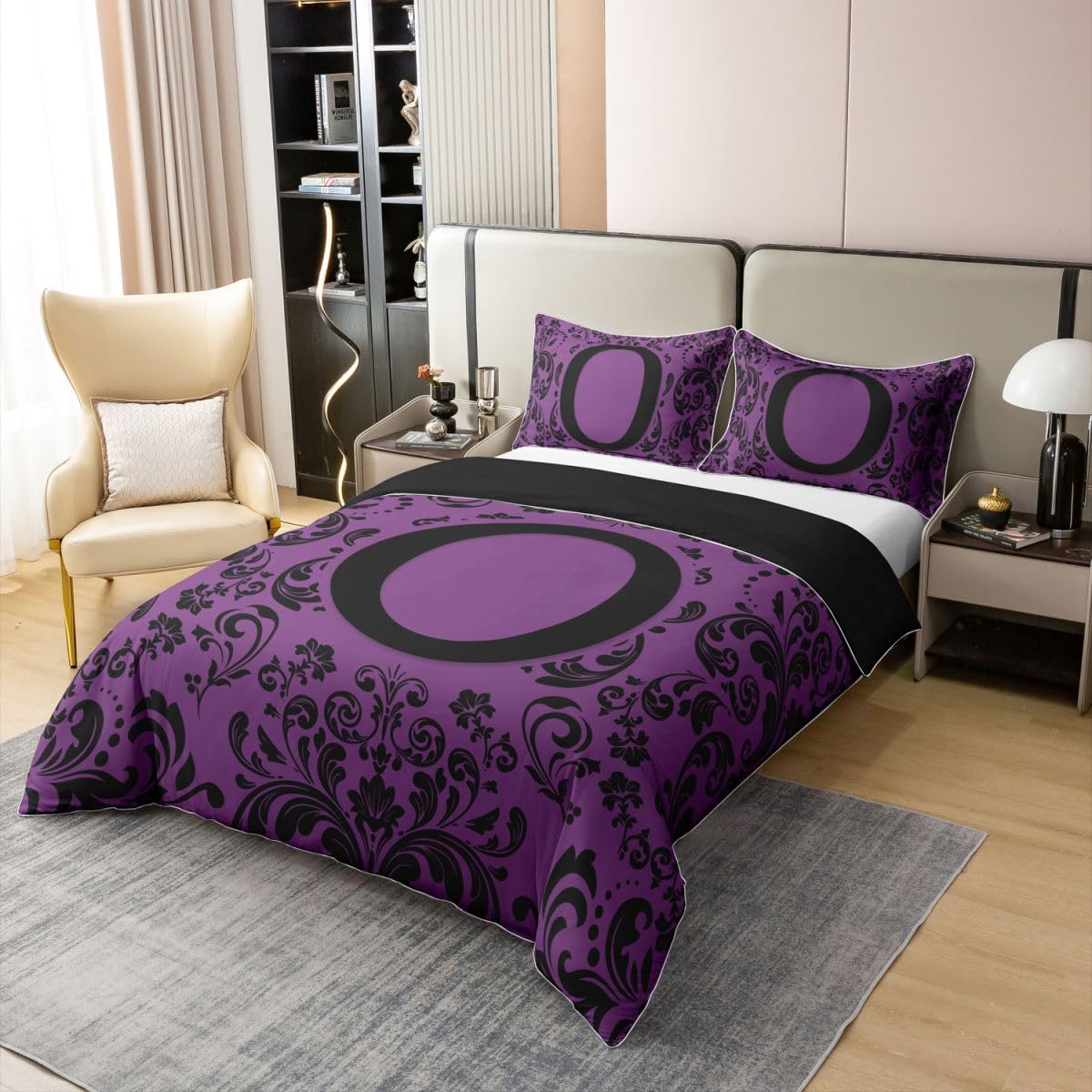 Homewish Czarne gotyckie zestawy pościeli adamaszek rozmiar king size litera O bawełna poszewka na kołdrę boho kwiatowy monogram fioletowa poszewka na kołdrę dla dzieci dorosłych, estetyczny zestaw