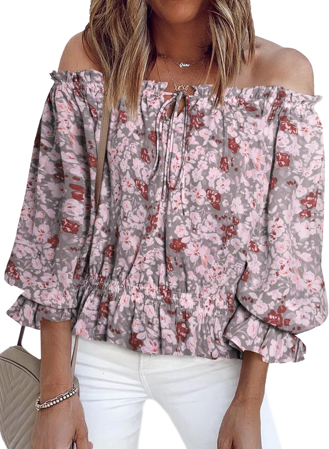 BLENCOT Womens Casual Tops Sexy Off Shoulder Front Knot Blouses Boho 3/4 Sleeve Floral Summer Pullovers Gray M