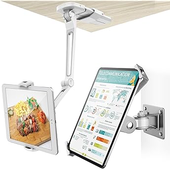 Macally 2-in-1 Kitchen Tablet Holder & Wall Mount iPad Stand / Under Cabinet Holder- Perfect for Recipe Reading on Countertop or Using on Office Desktop- Fits iPad Pro/Air Samsung Tab up to 7.5" Wide