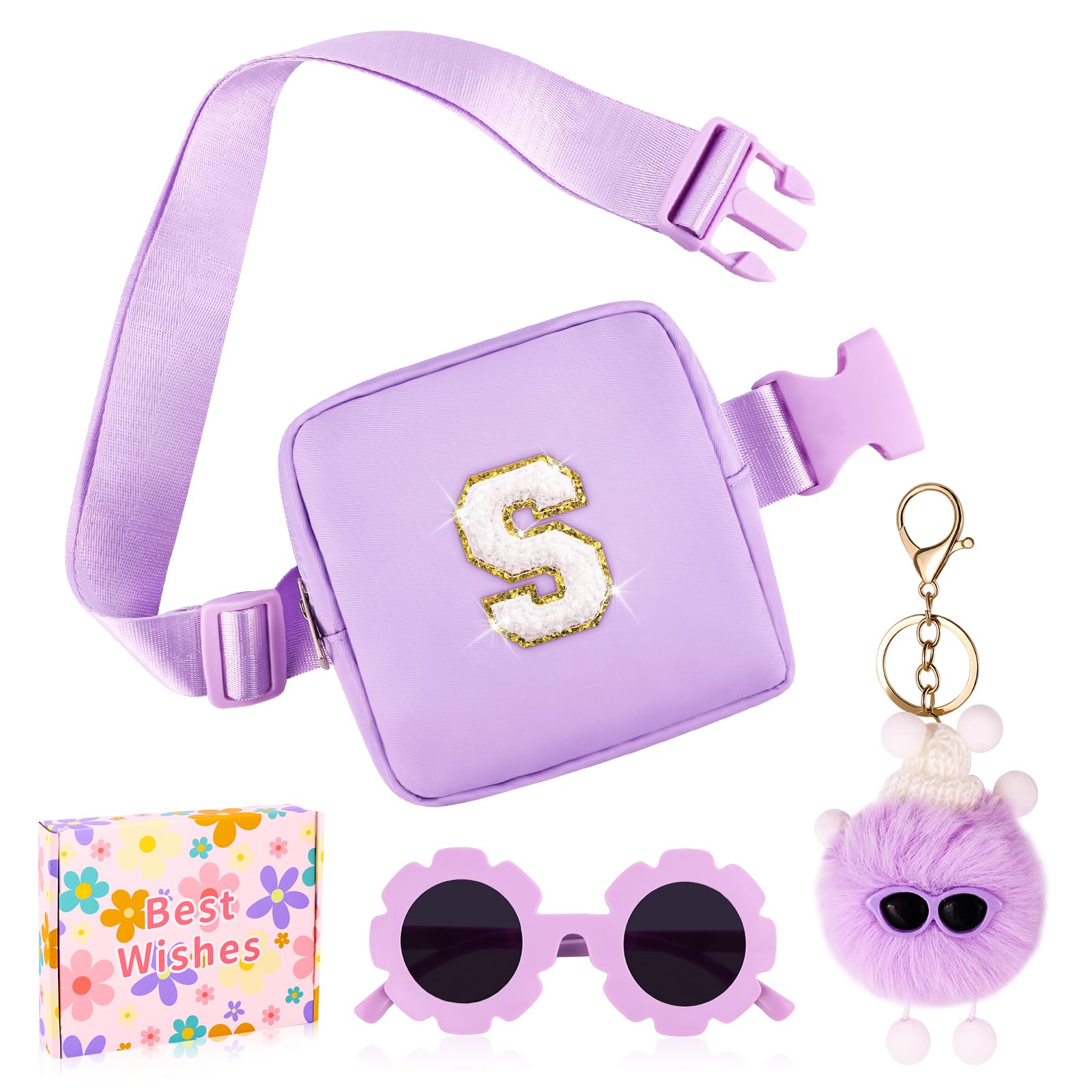 WINOWIMO Personalized Mini Fanny Pack for Kids with Sunglasses & Cute Keychain, Small Initial Belt Crossbody Bag Purse for Teen Girls, Birthday Gifts