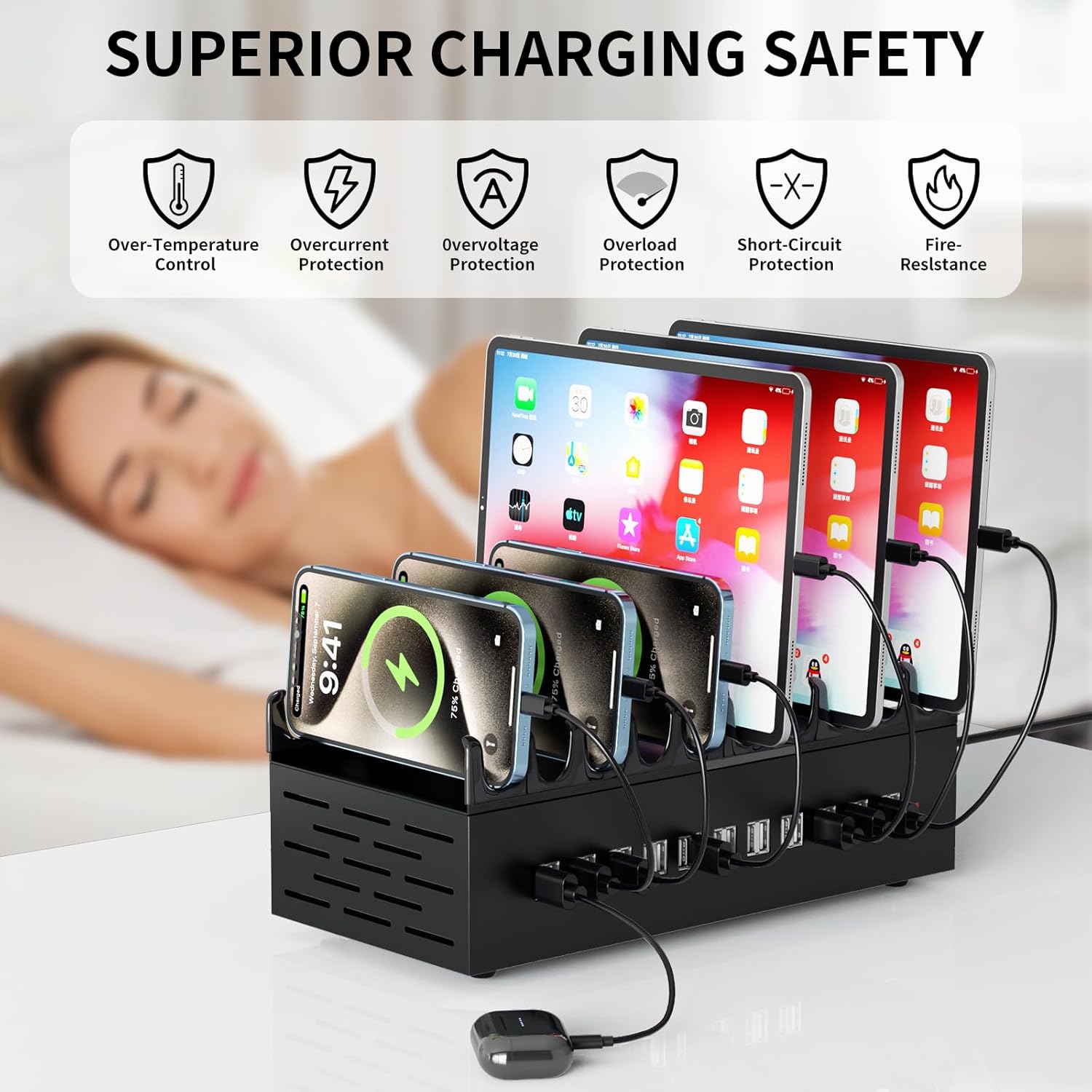300W USB Charging Station, 22-Port Desktop Fast Charger Station for Multiple Devices, Organizer Charging Dock with Intelligent Protection for iPhone, iPad, Tablets and More - Image 4