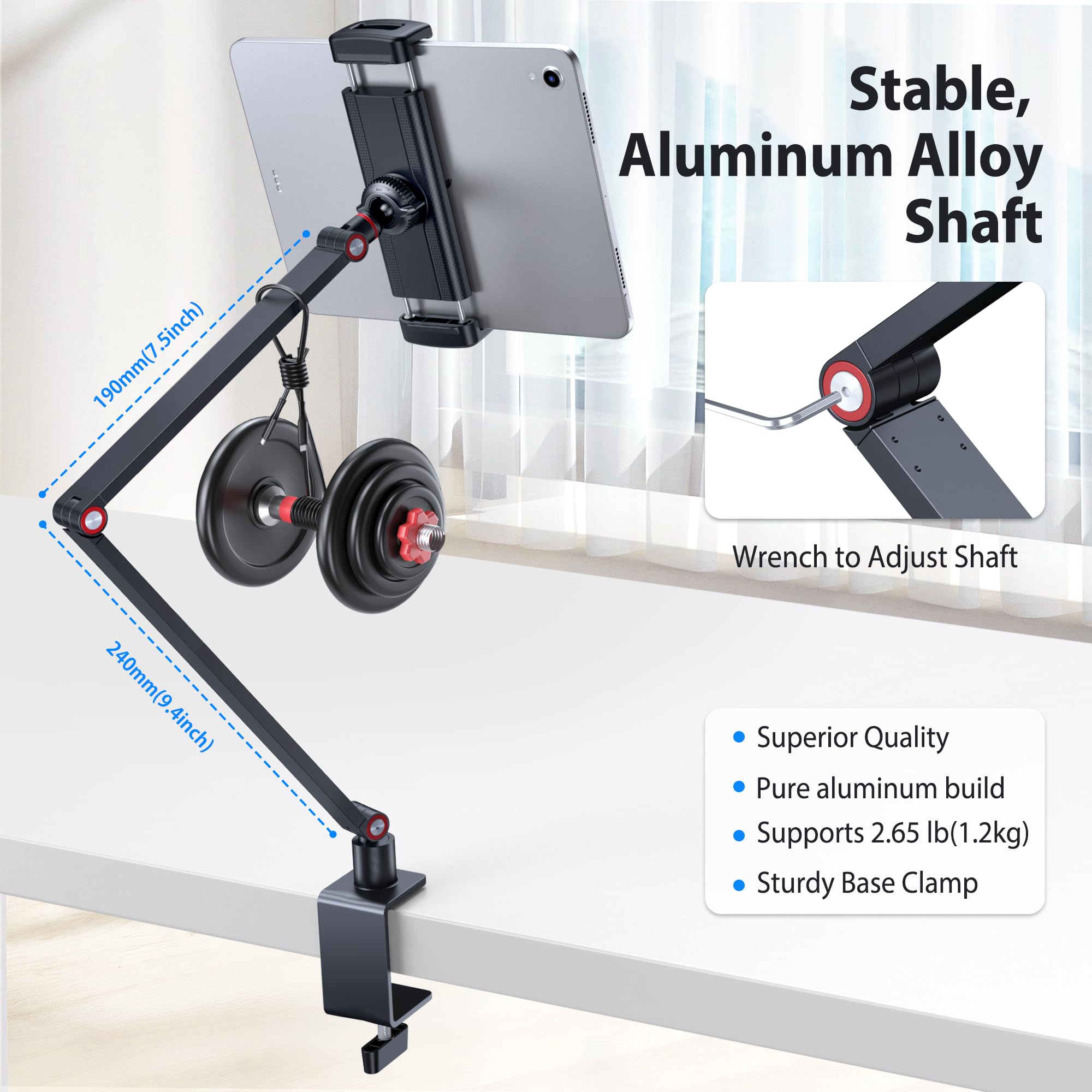 Stojak na tablet, aluminiowy uchwyt na iPad do biurka, regulowany uchwyt z mocowaniem zaciskowym z obrotową podstawą 360°, kompatybilny z iPad Pro/Air/Mini 4.7''-13'', iPhone, Kindle, Fire HD