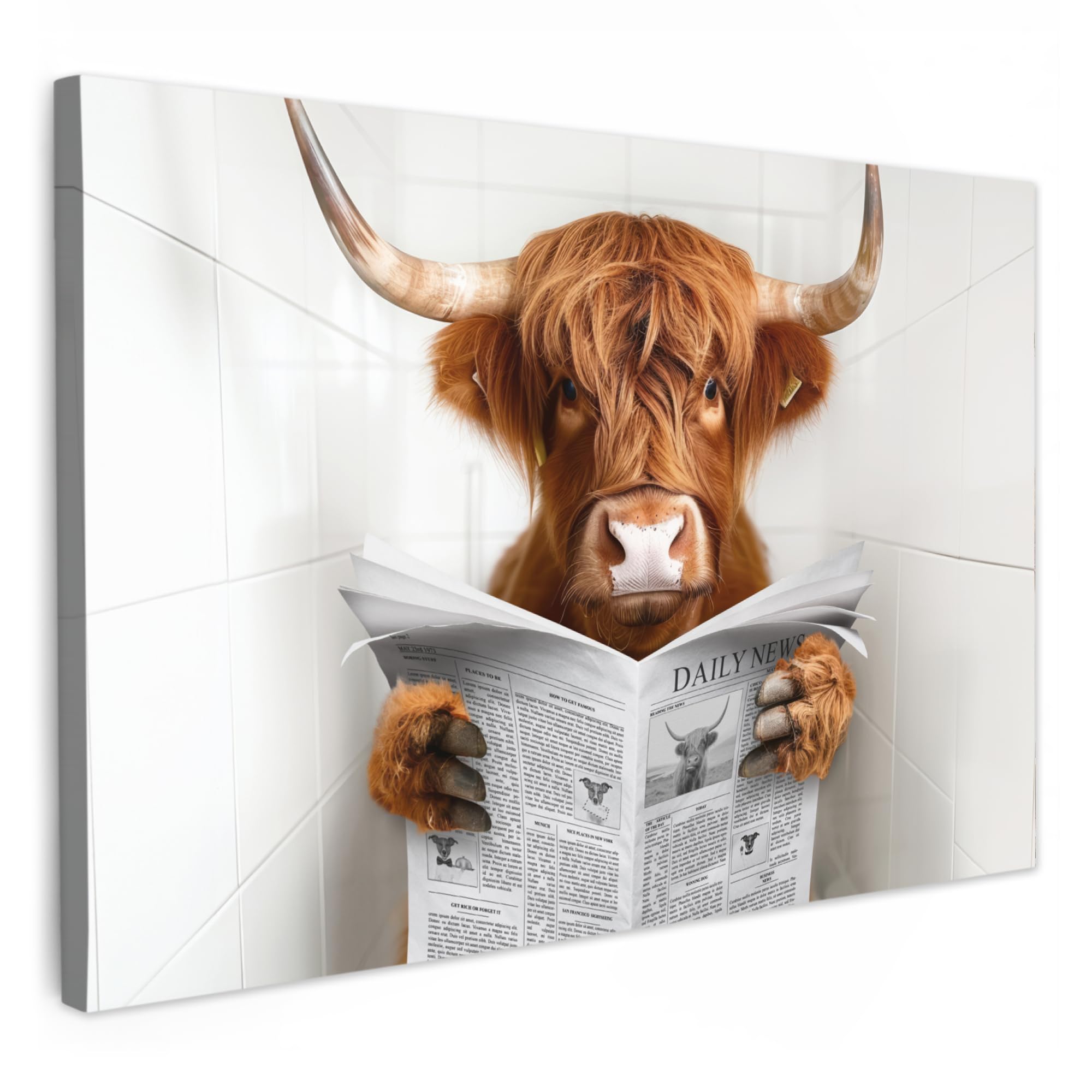 MuchoWow© Canvas Wall Art 30x20 cm Decor Hanging Pictures for Living Room Canvus Artwork Deco Walls Scottish highlander - Newspaper - Cow - WC — image 1