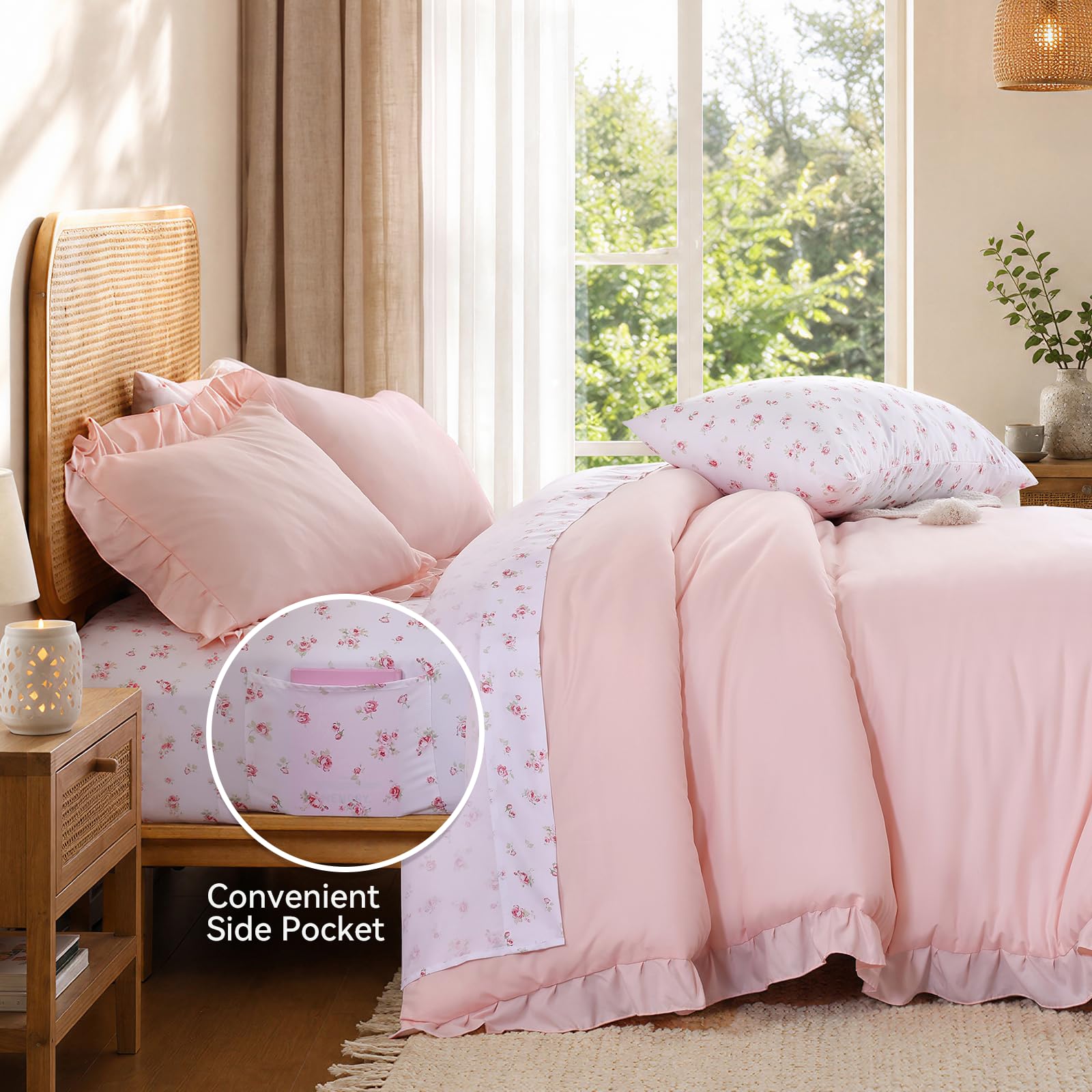 JANZAA Ruffle Queen Comforter Set - Pink Floral -6