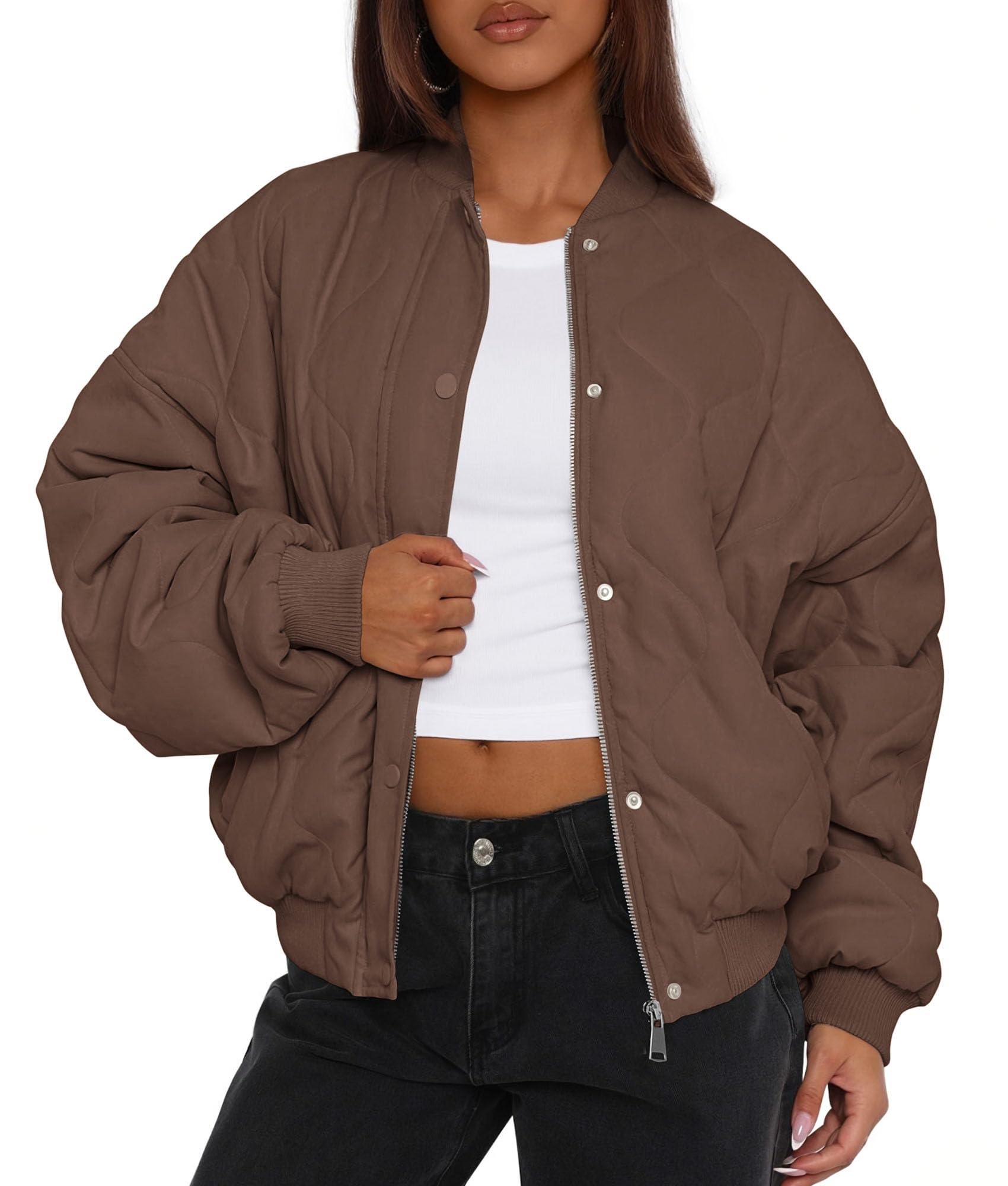 Photo 1 of PRETTYGARDEN Women's Quilted Bomber Jacket Fall Fashion 2026 Lightweight Cropped Zip up Outerwear Winter Puffer Coats Pockets (Brown,Small)